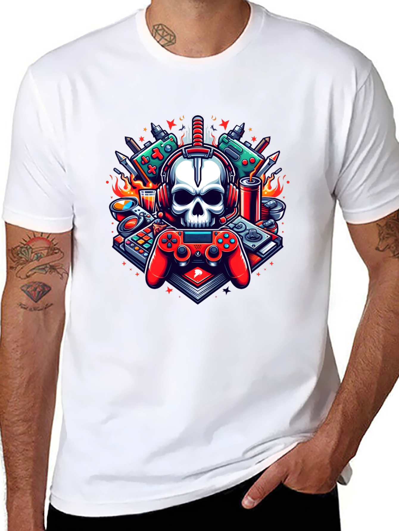 Black Gamer Skull Graphic T-Shirt - Cool Design! view 8