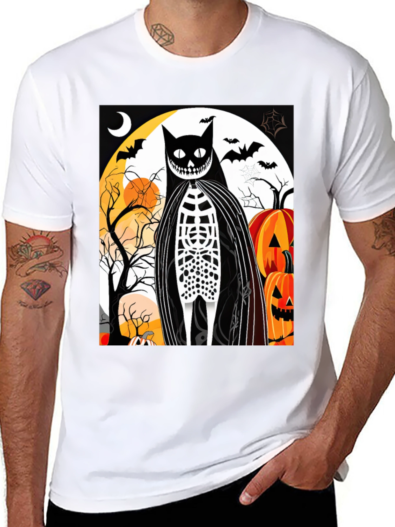 Black Halloween Cat Skeleton Graphic T-Shirt view 8