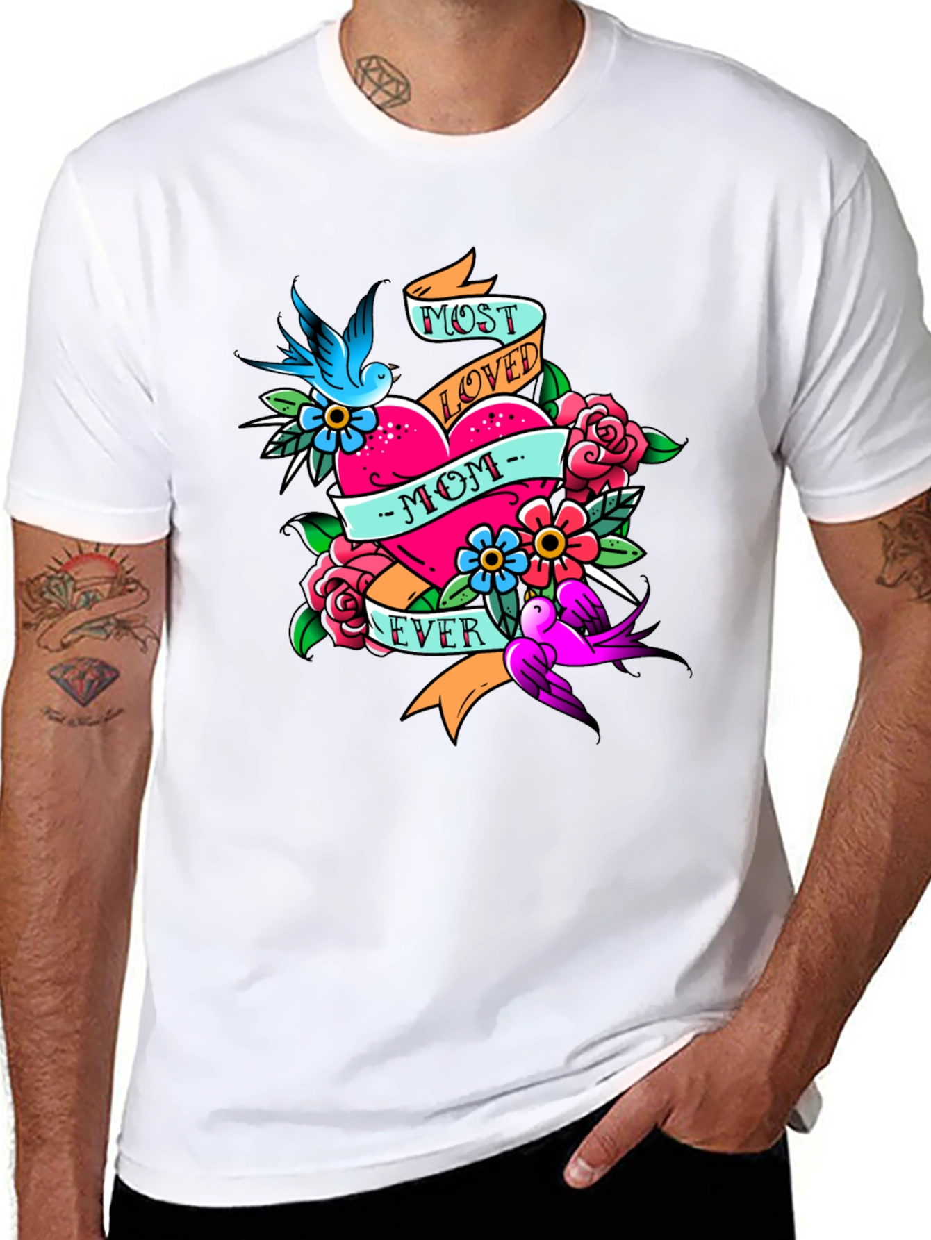 Black Most Loved Mom Ever Tattoo Style Graphic T-Shirt view 8