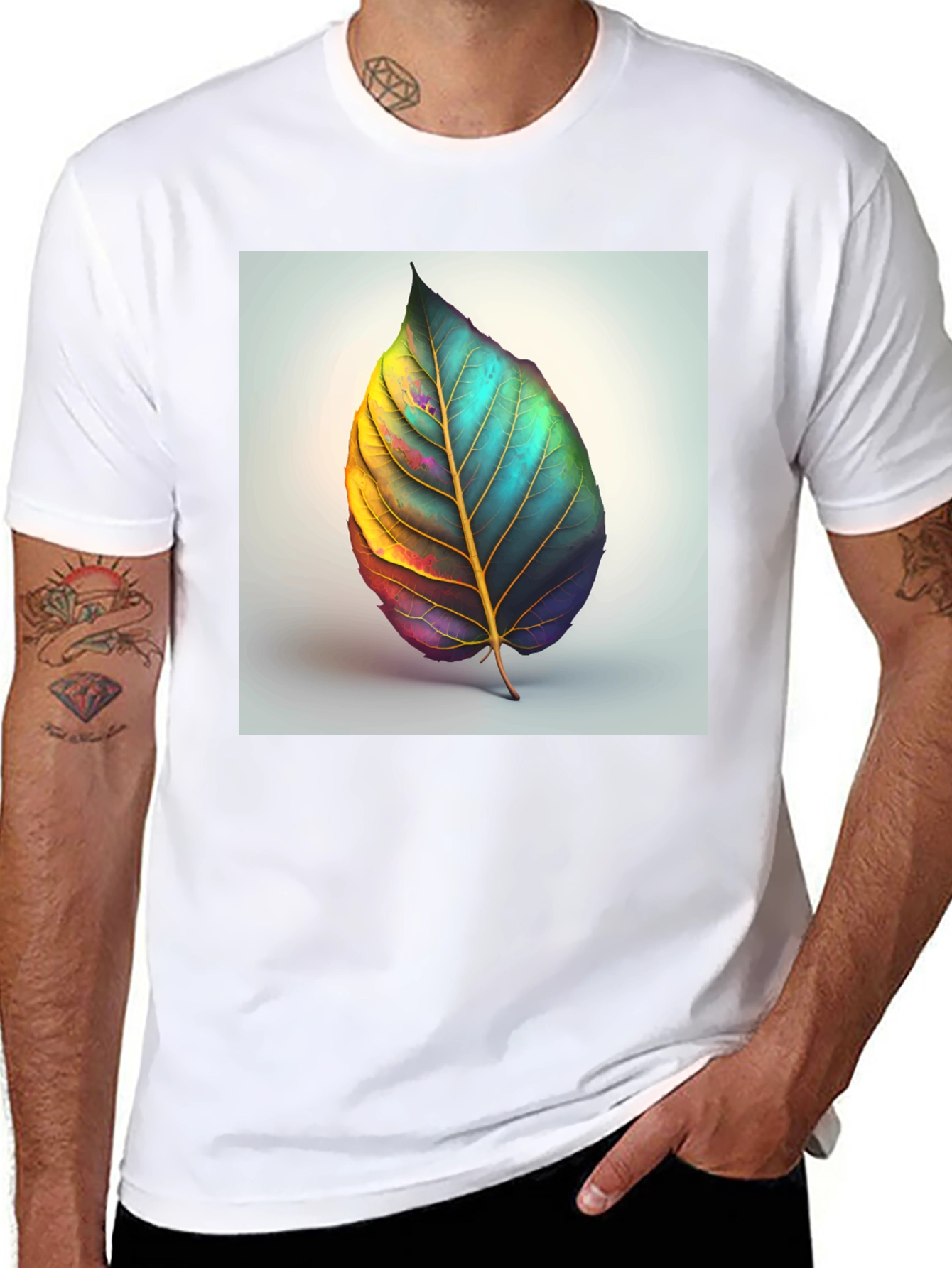 Artistic Leaf Graphic Tee - Black Cotton Blend - 8