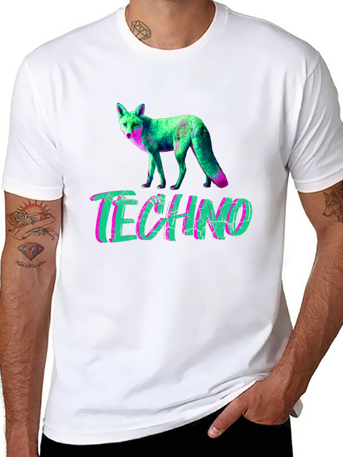 Black Techno Fox Graphic T-Shirt - Neon Style view 8