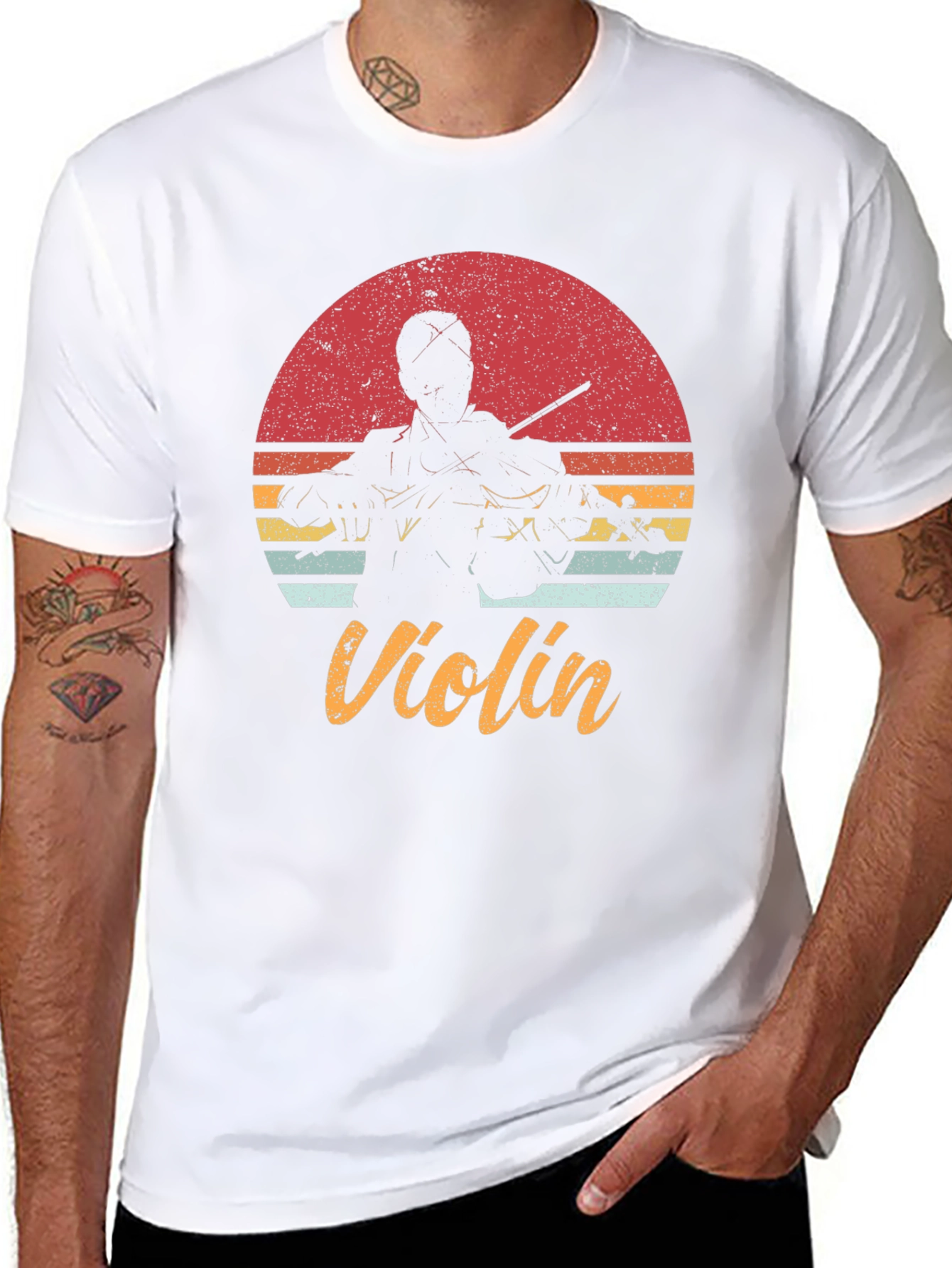 Black Retro Violin T-Shirt - Musician's Sunset Tee view 8