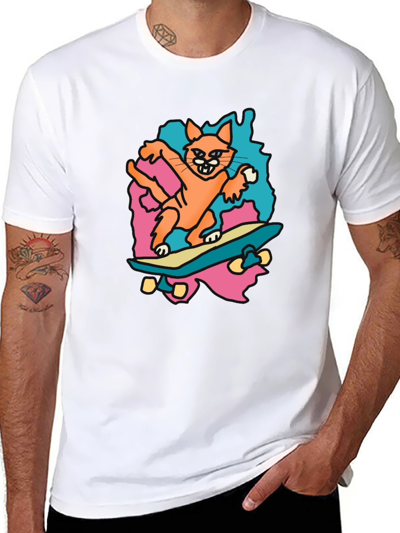 Black Skateboarding Cat Graphic Tee - Black Cotton T-Shirt view 8