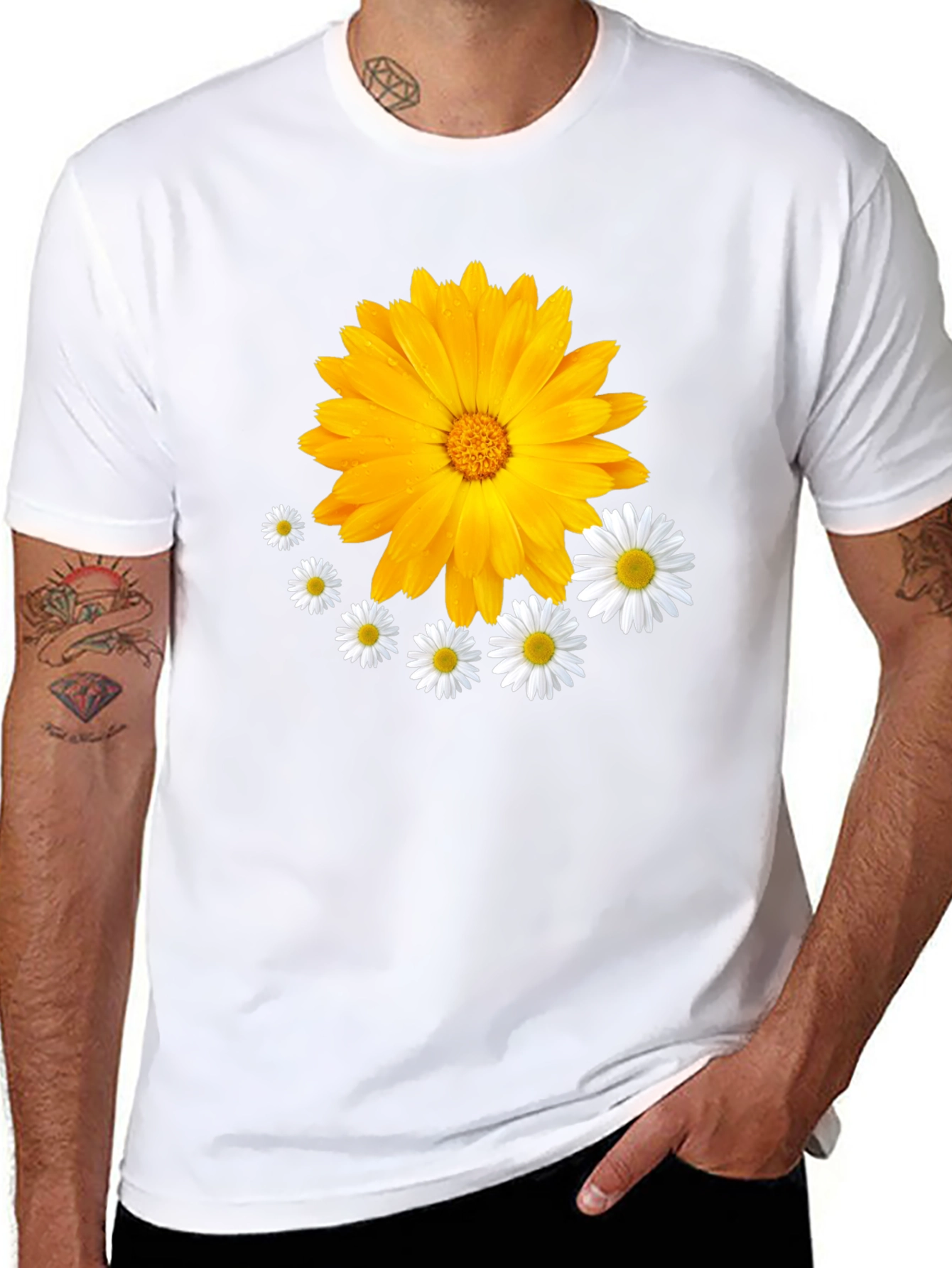 Black Floral T-Shirt: Calendula & Daisy Design view 8