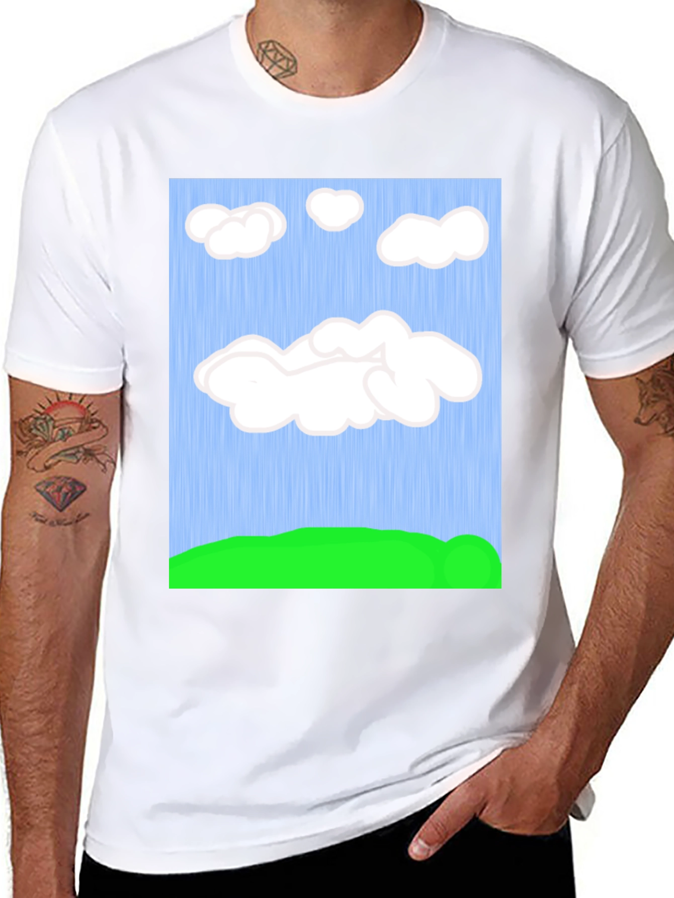 Black Cartoon Clouds T-Shirt - Sky & Green Field Design view 8