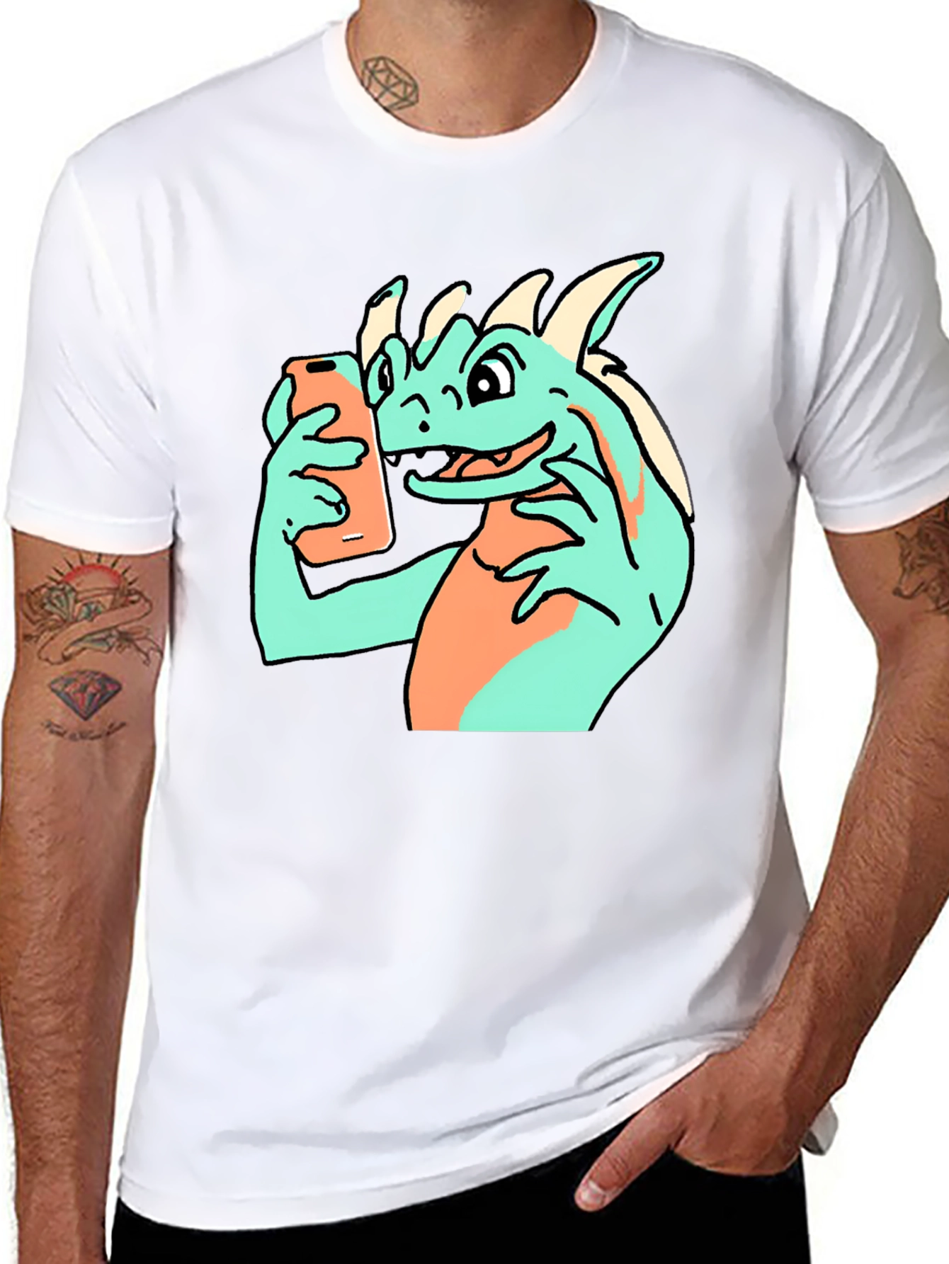 Black Funny Dragon Selfie Black T-Shirt view 8