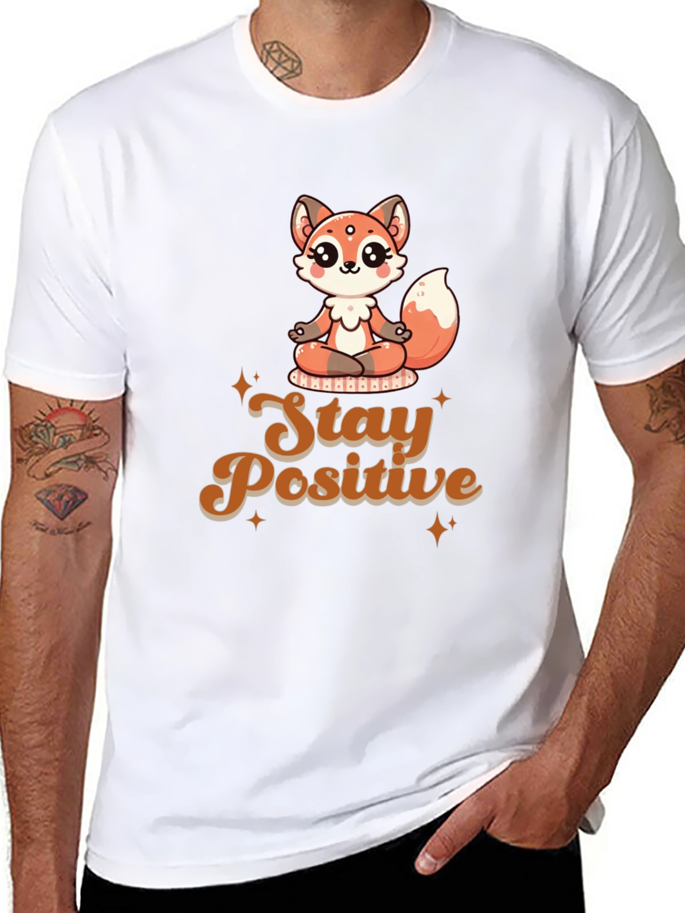 Black Stay Positive Meditation Fox T-Shirt view 8