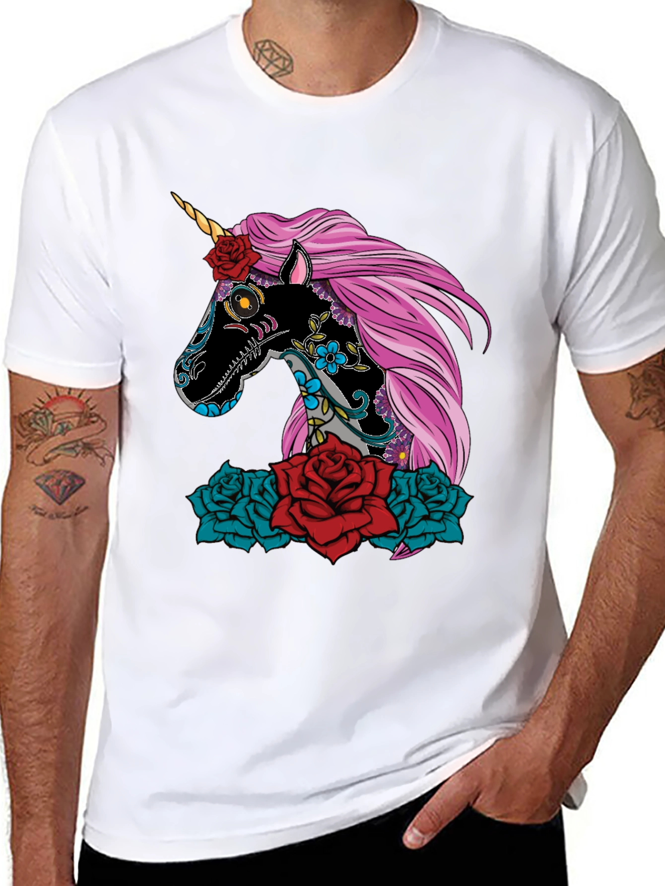 Black Sugar Skull Unicorn Rose T-Shirt view 8