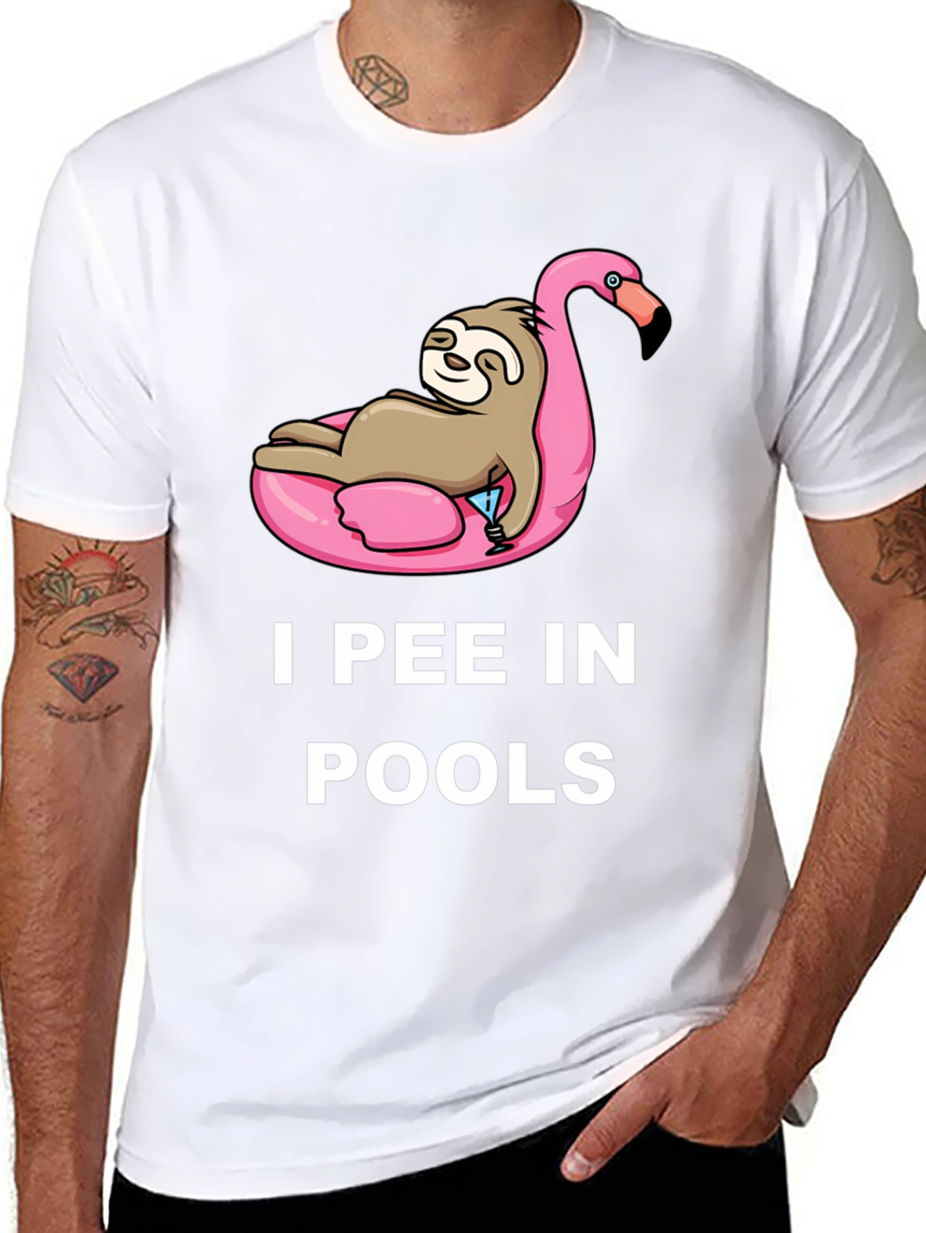 Black Sloth on Flamingo Pool Float T-Shirt - I Pee in Pools view 8