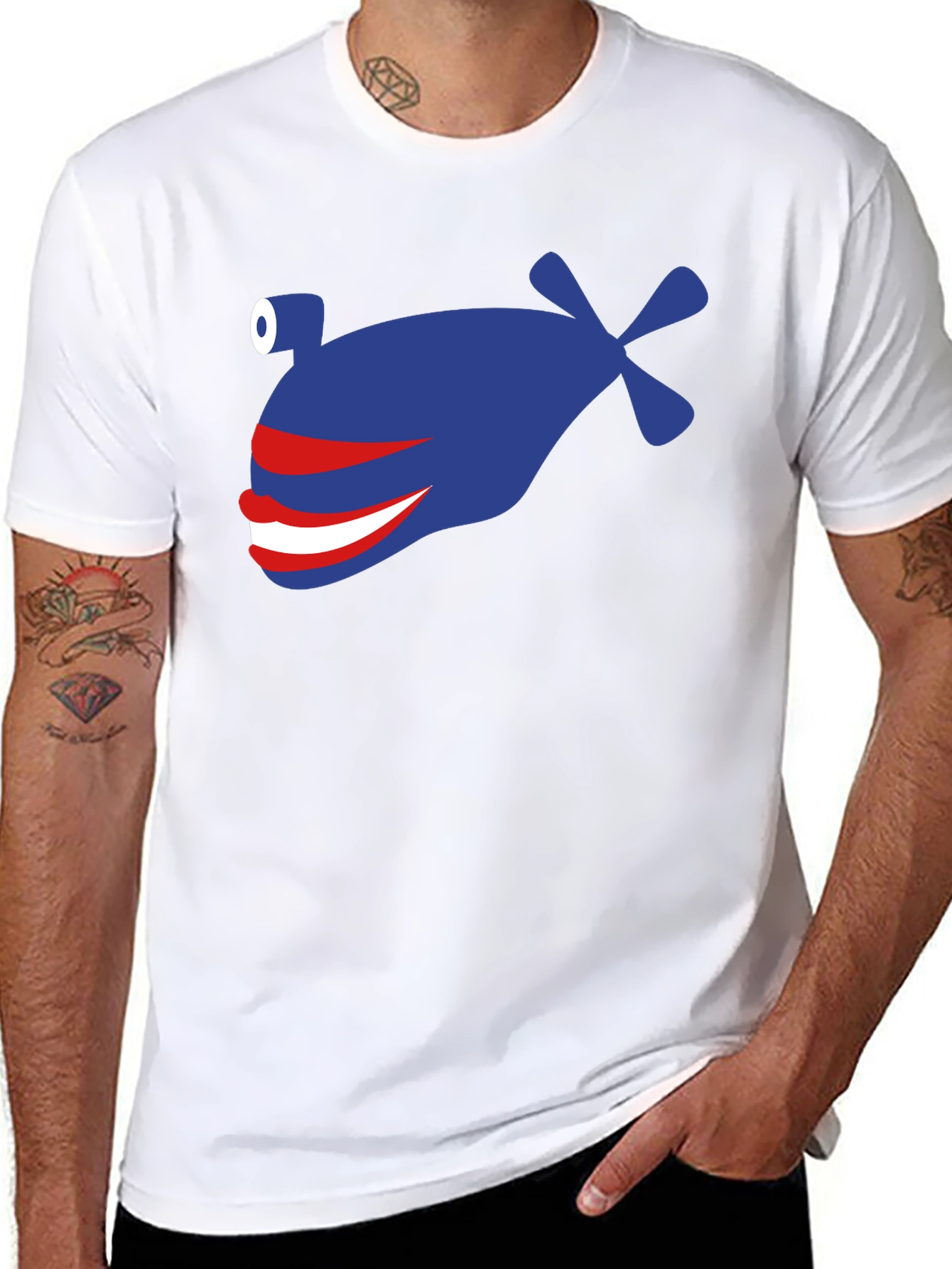 Black Funny Blue Fish Graphic T-Shirt - Crew Neck, Short Sleeve view 8