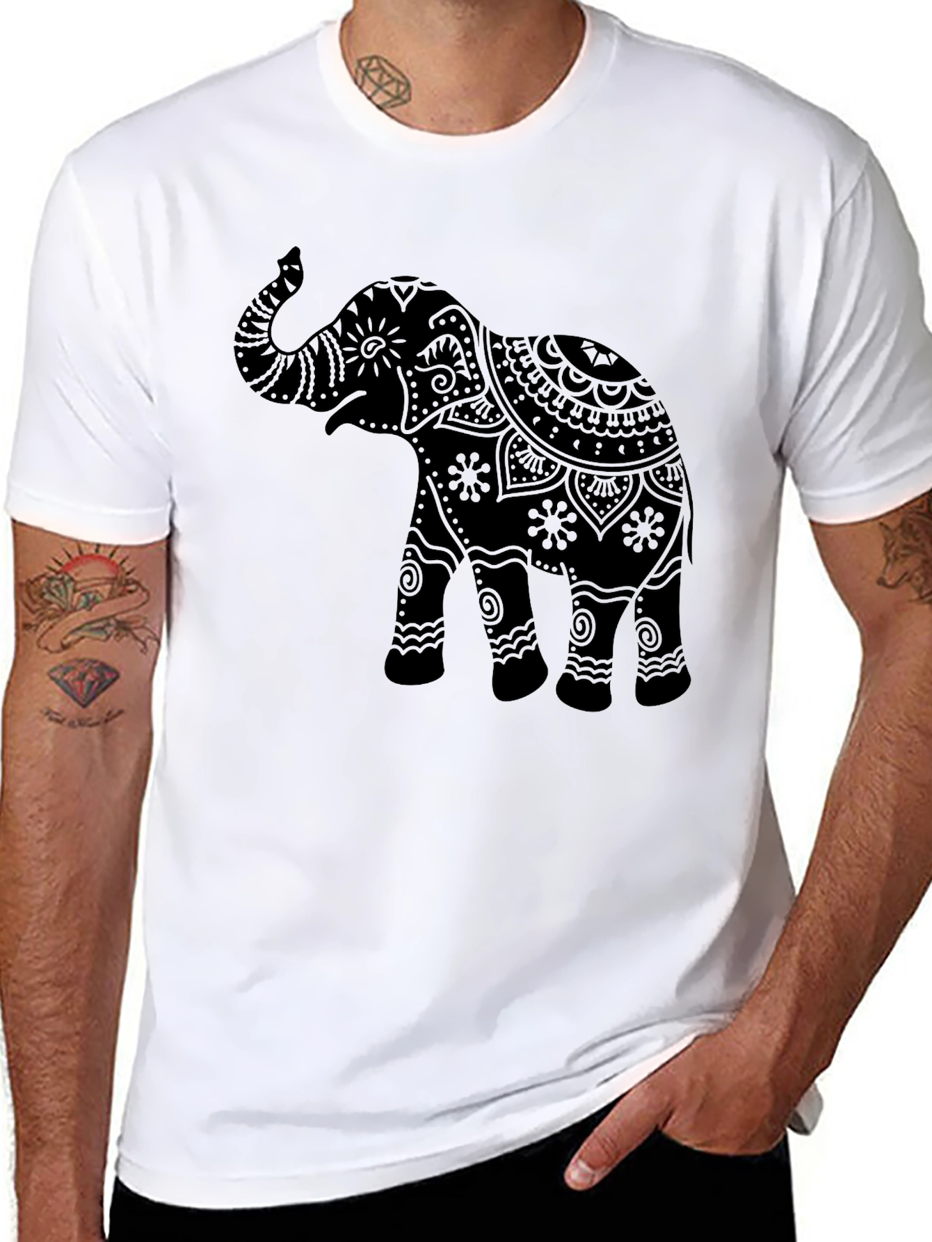 Black Elephant Mandala Graphic Tee - Black Crew Neck T-Shirt view 8