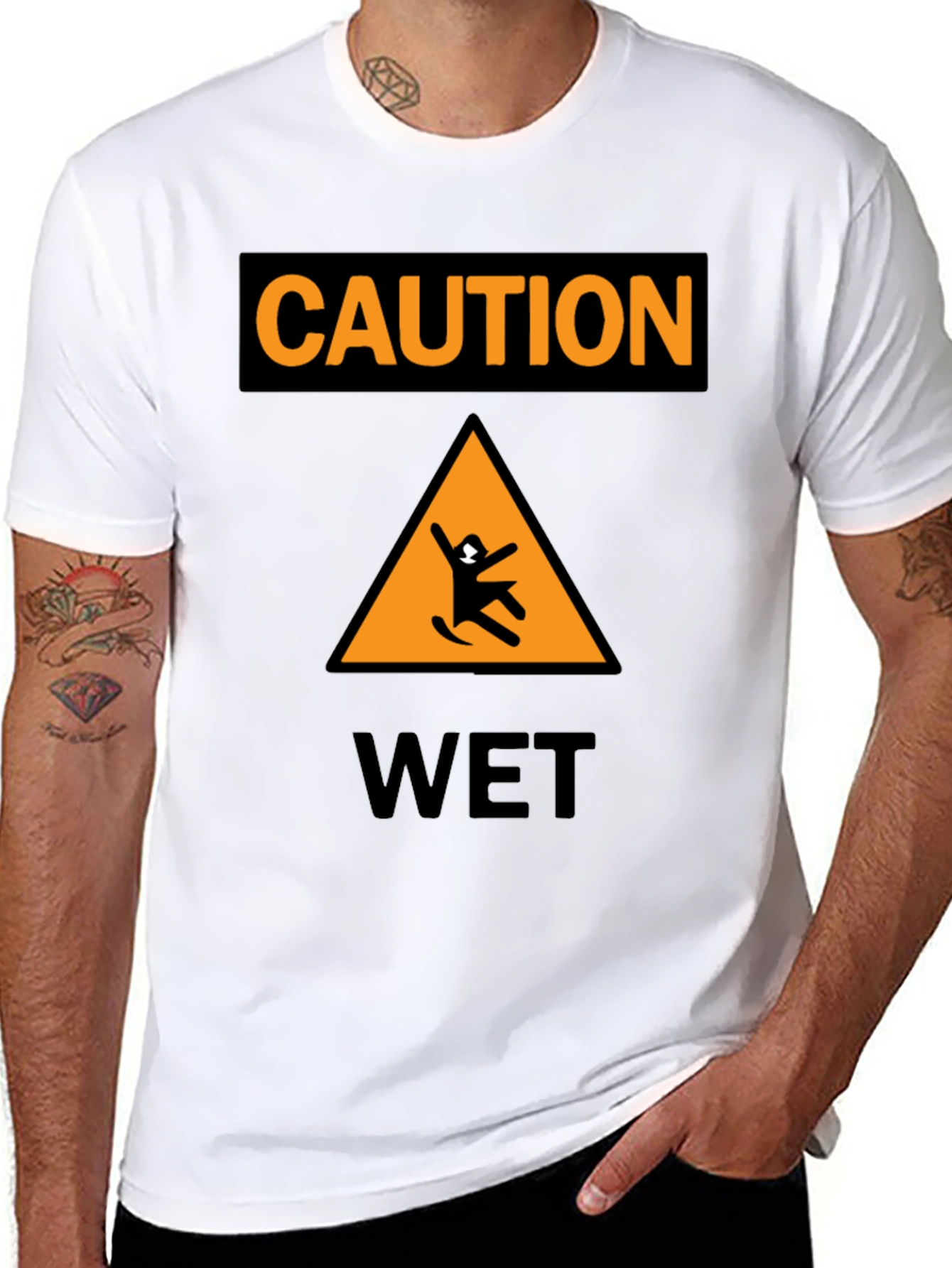 Black Caution Wet Floor Black Graphic T-Shirt view 8