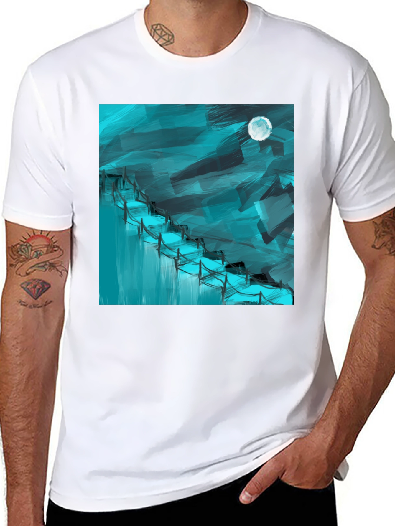 Black Abstract Moonlit Waterfall Graphic Tee - Black Cotton Blend view 8