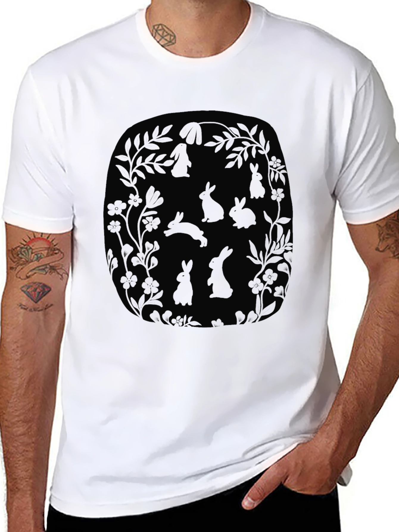 Black Bunny Floral Graphic Tee - Men's Black T-Shirt view 8