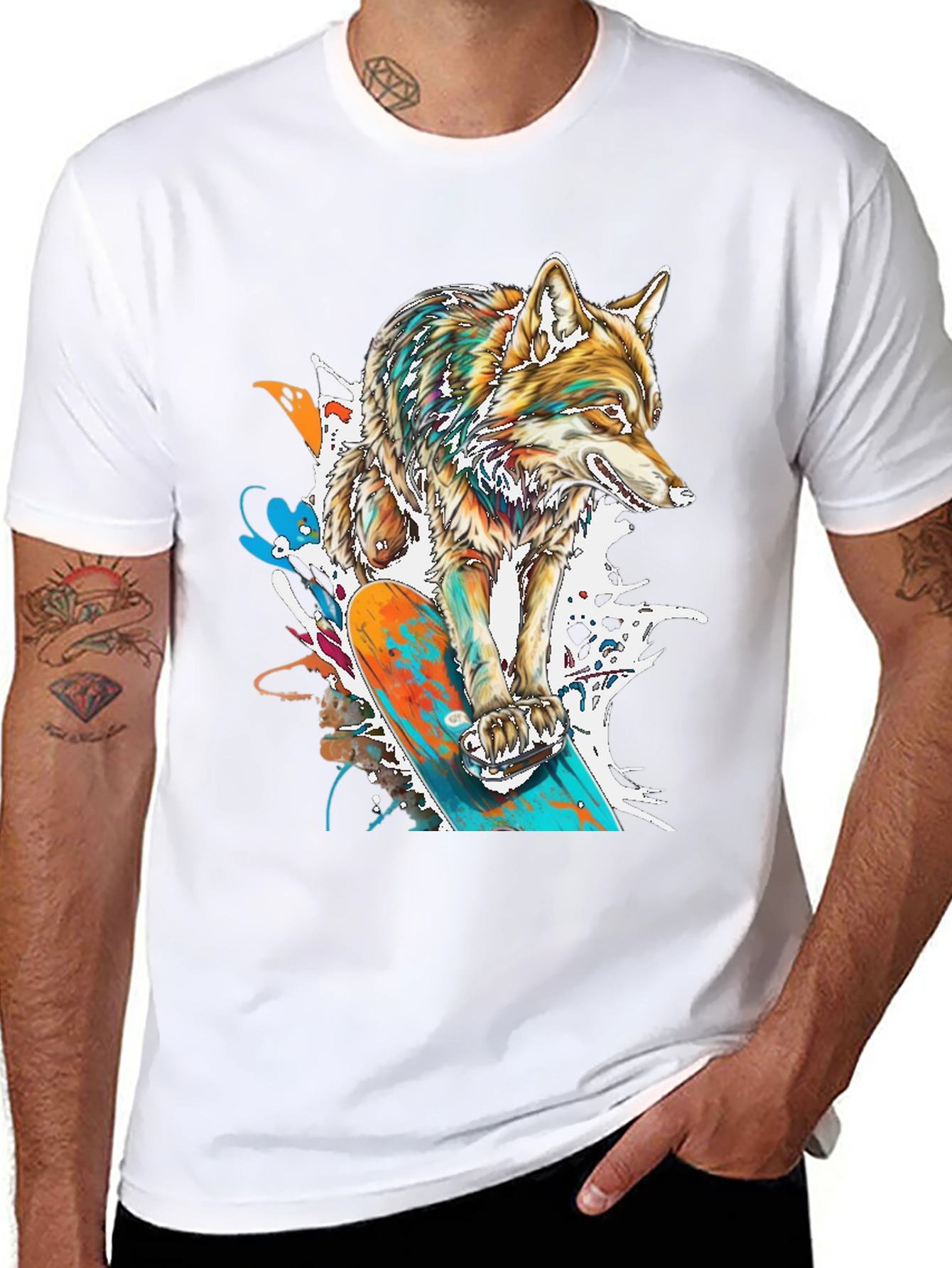 Black Skateboarding Wolf Graphic T-Shirt - Cool Animal Tee view 8