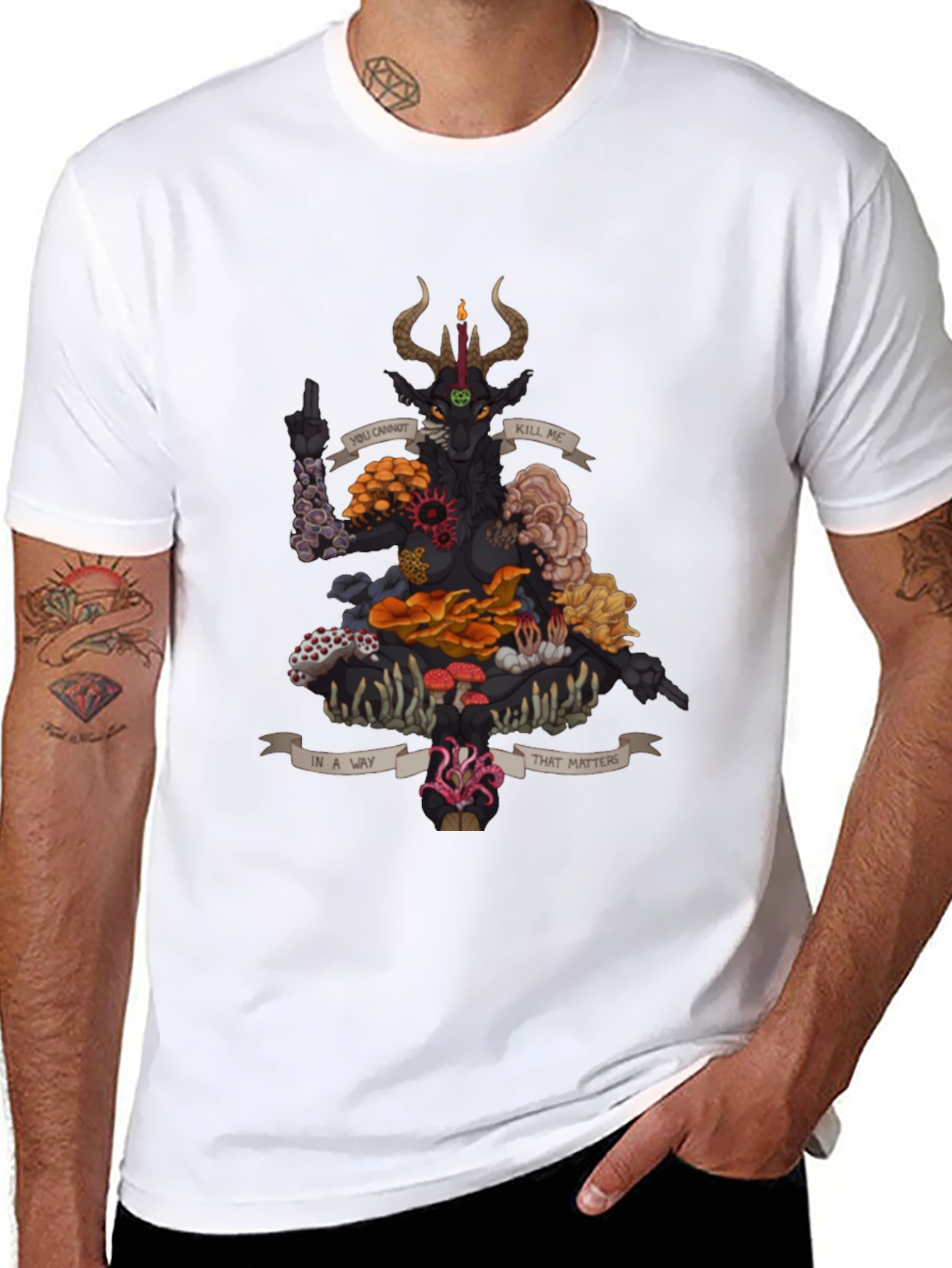 Black Baphomet Mushroom Black Graphic Tee view 8