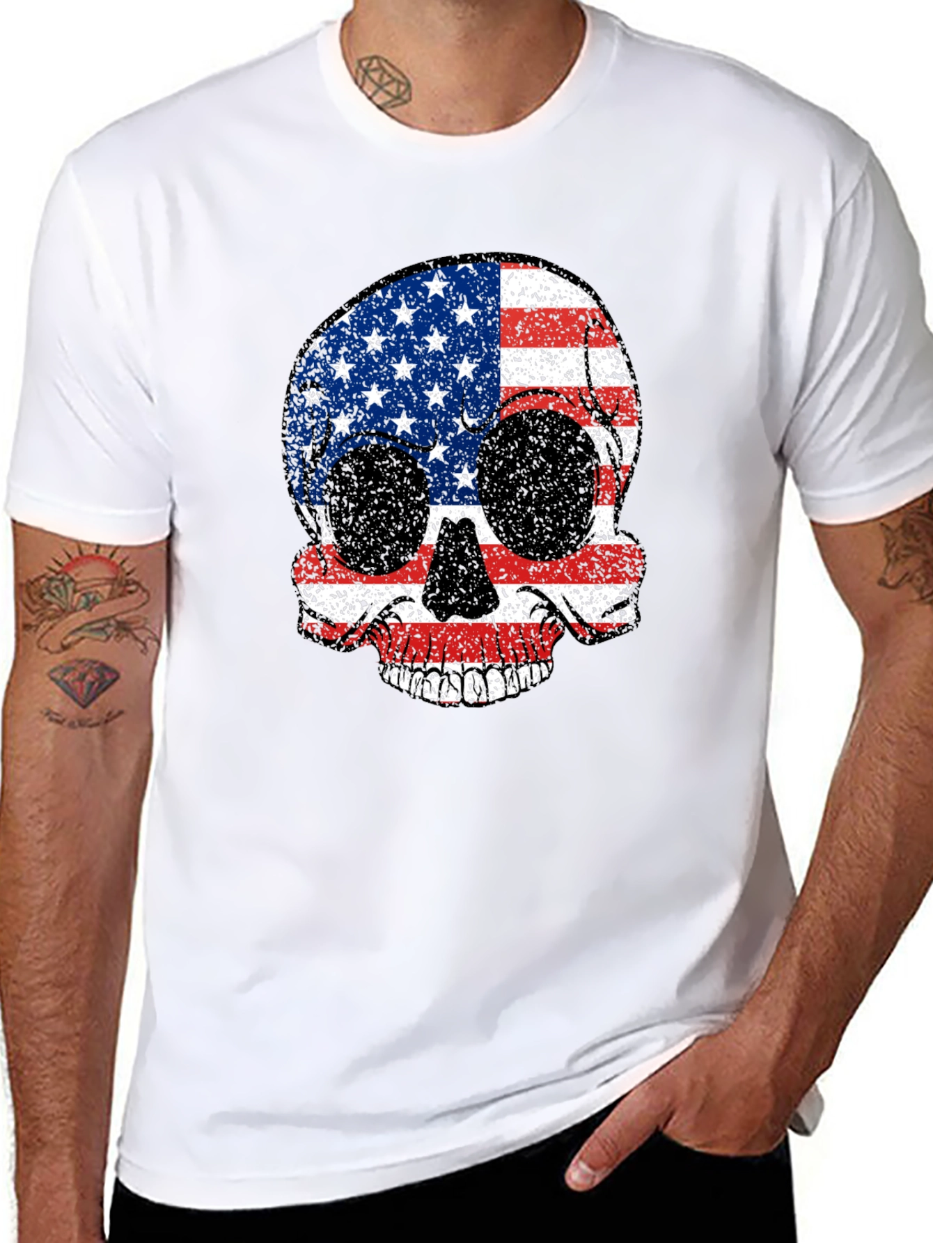 Black American Flag Skull Graphic Tee - Patriotic Style view 8