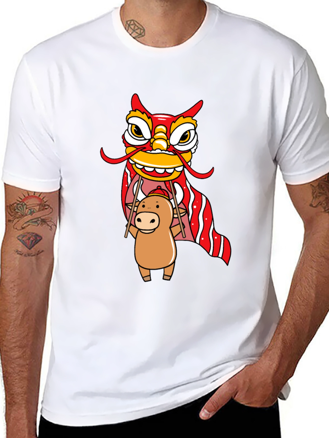 Black Cute Ox & Lion Dance Graphic T-Shirt view 8