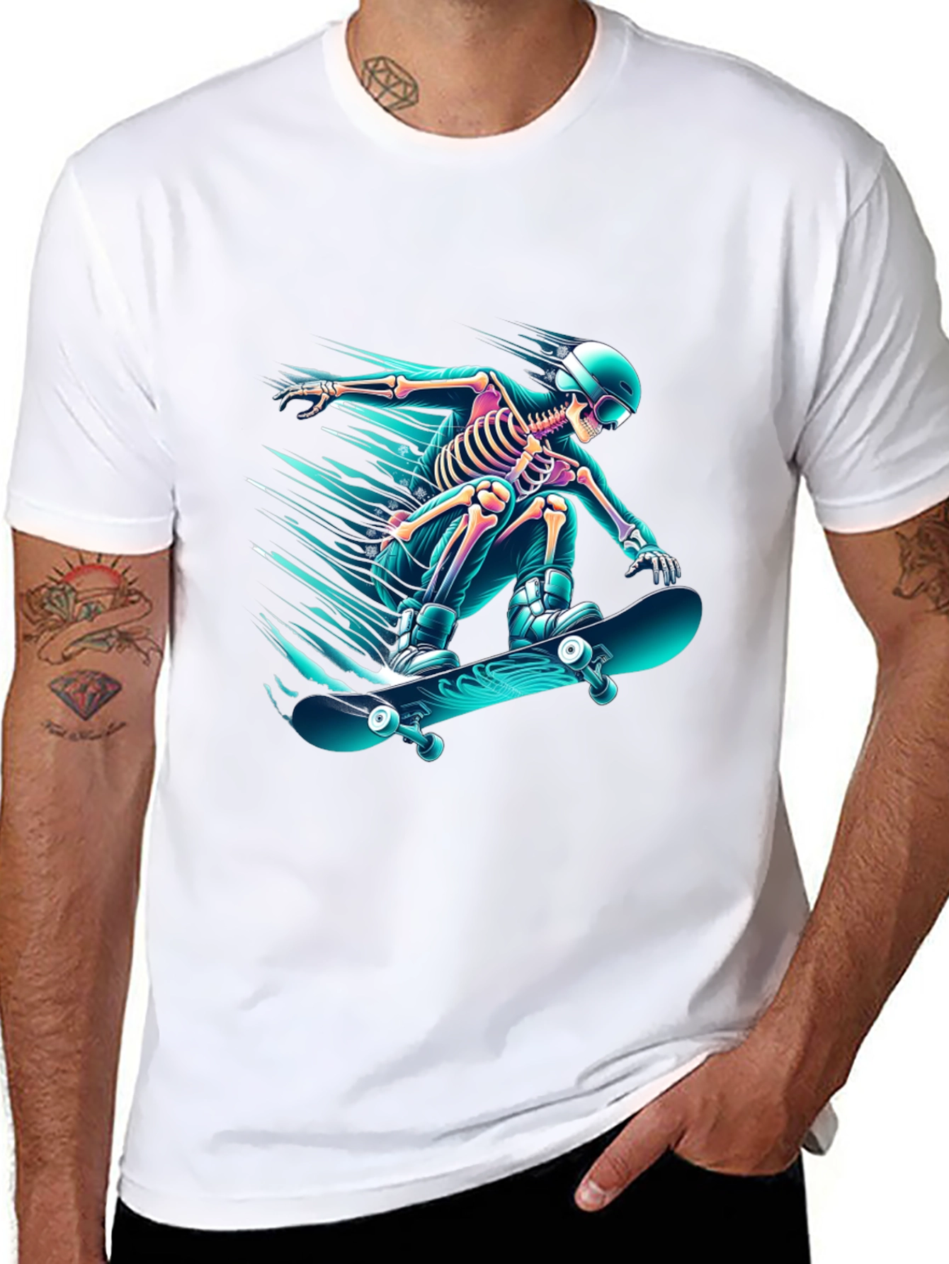 Black Skateboarding Skeleton Graphic Tee - Black Cotton Shirt view 8