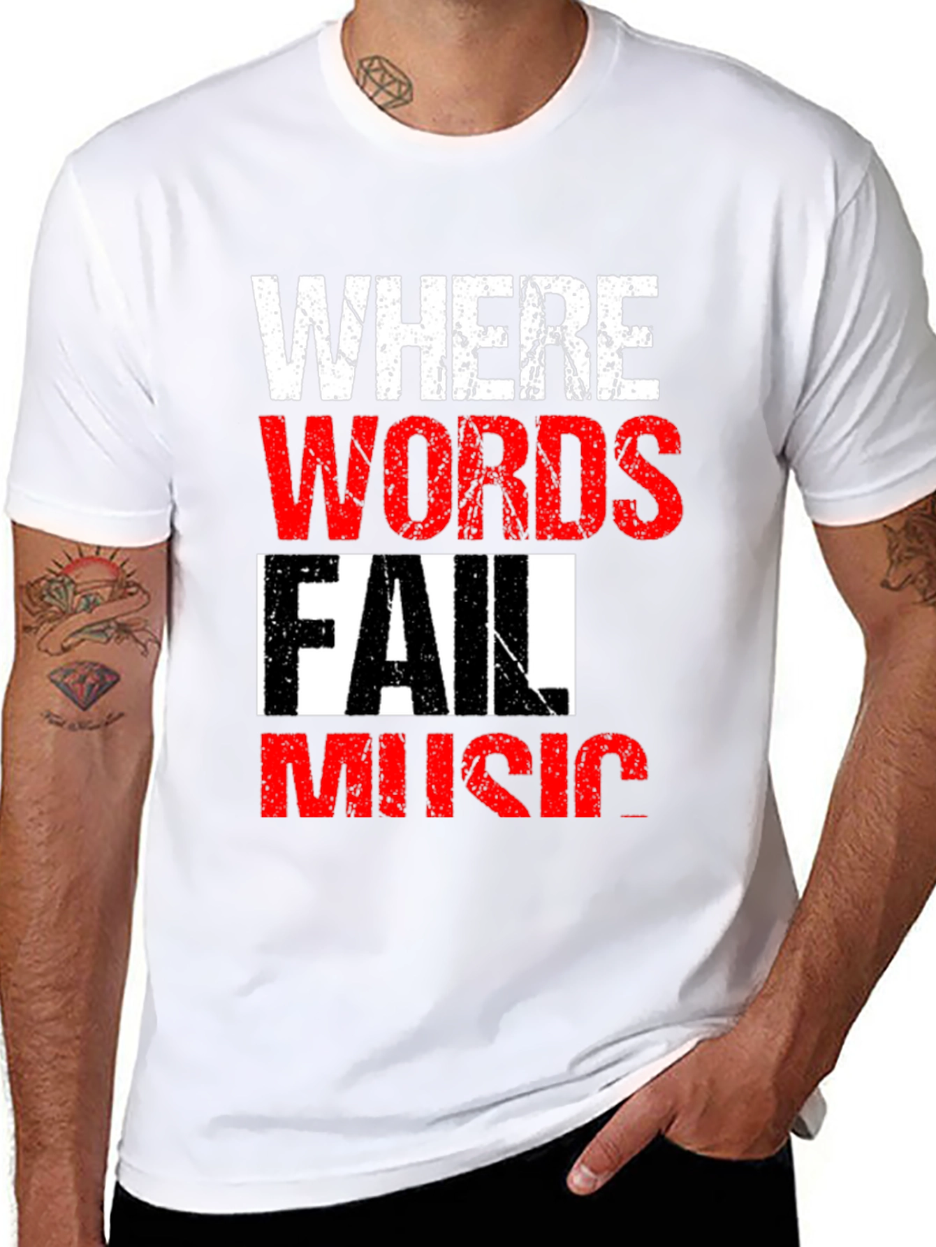 Black Where Words Fail Music Men's Black T-Shirt view 8