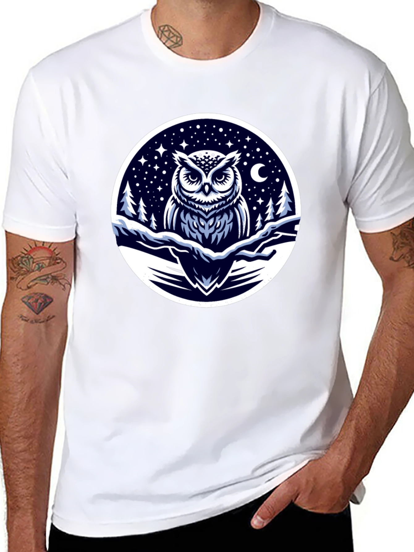 Black Owl Night Sky Graphic Tee - Black Cotton Blend view 8