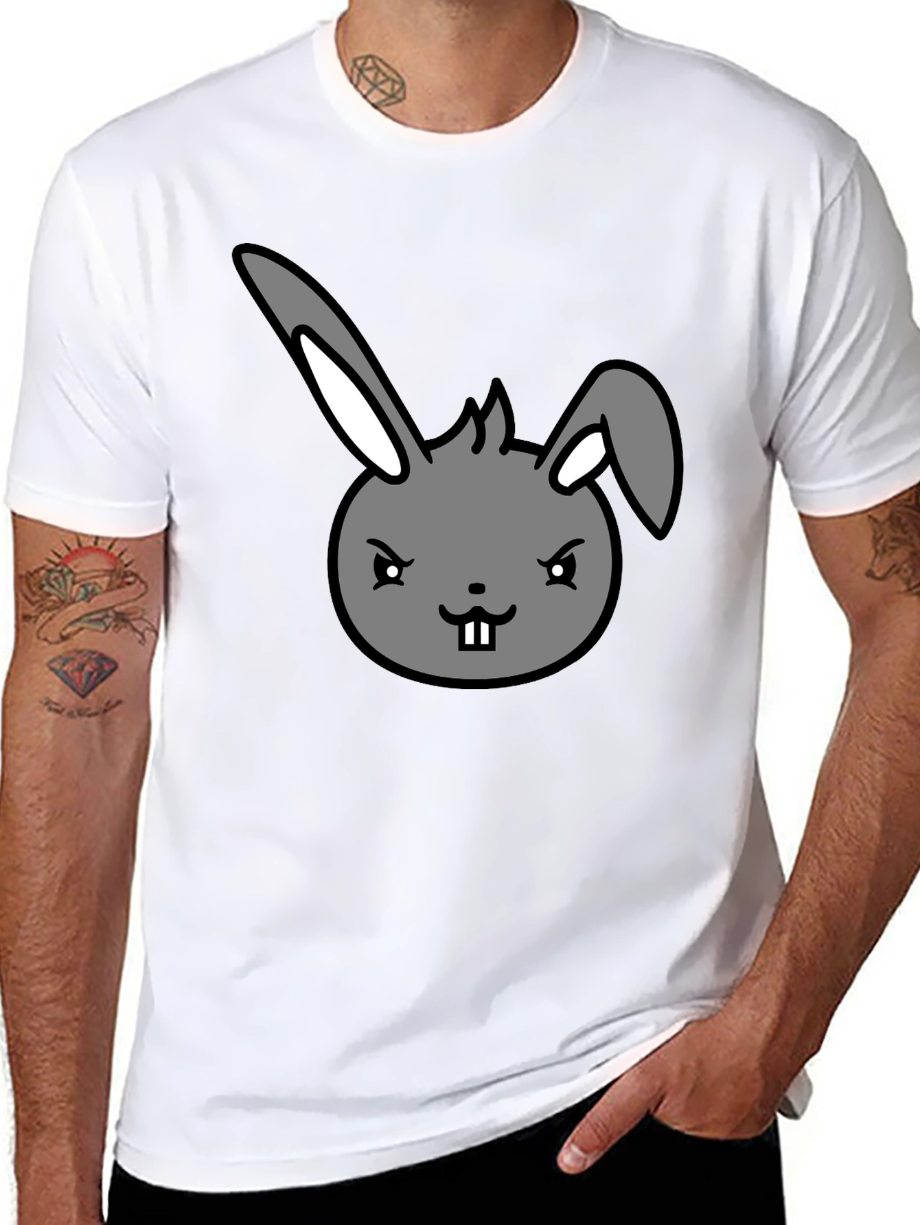 Black Men's Black T-Shirt with Cartoon Bunny Design view 8