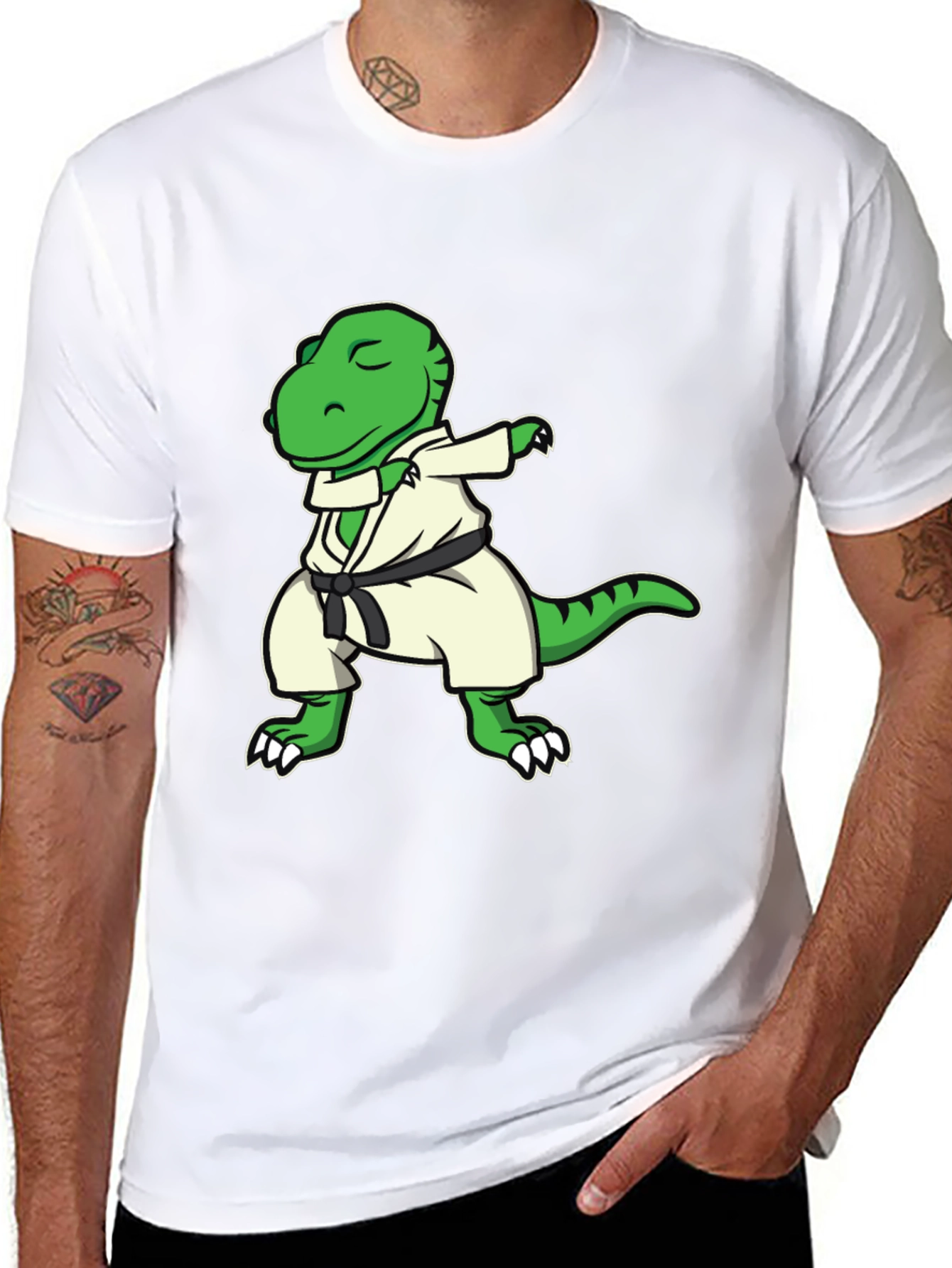 Black Dabbing Dinosaur Karate Black T-Shirt view 8