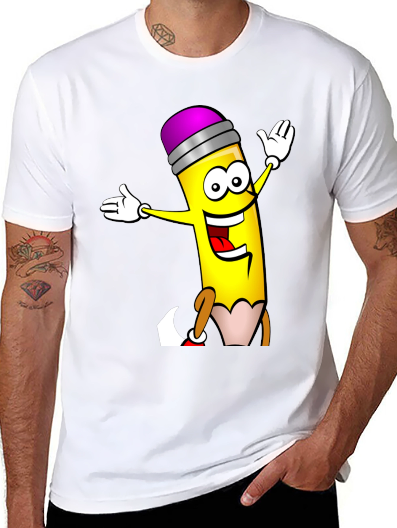 Black Cartoon Pencil T-Shirt - Black Cotton Graphic Tee view 8