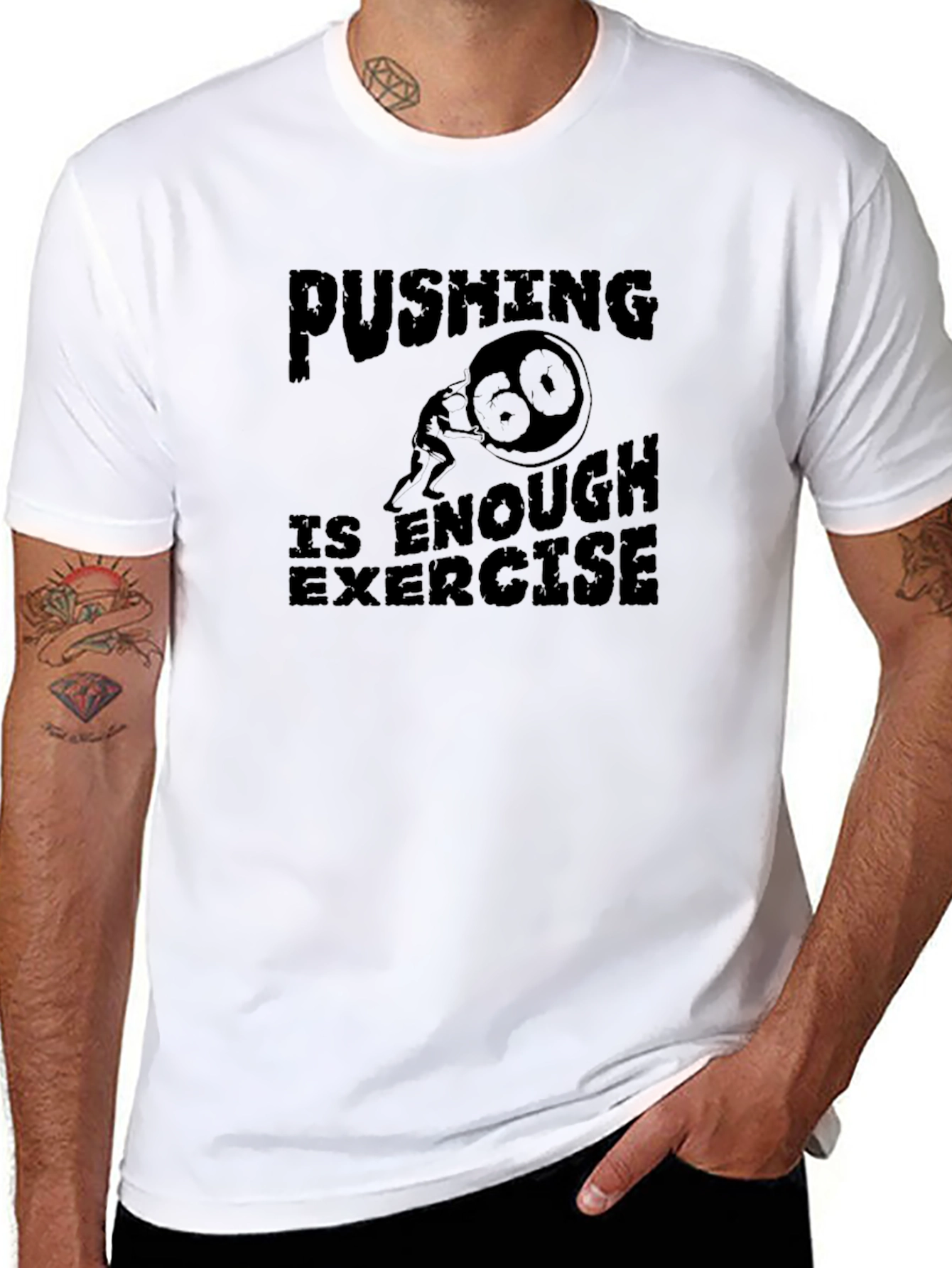 Black Funny Workout T-Shirt - Pushing Is Enough Exercise Tee view 8