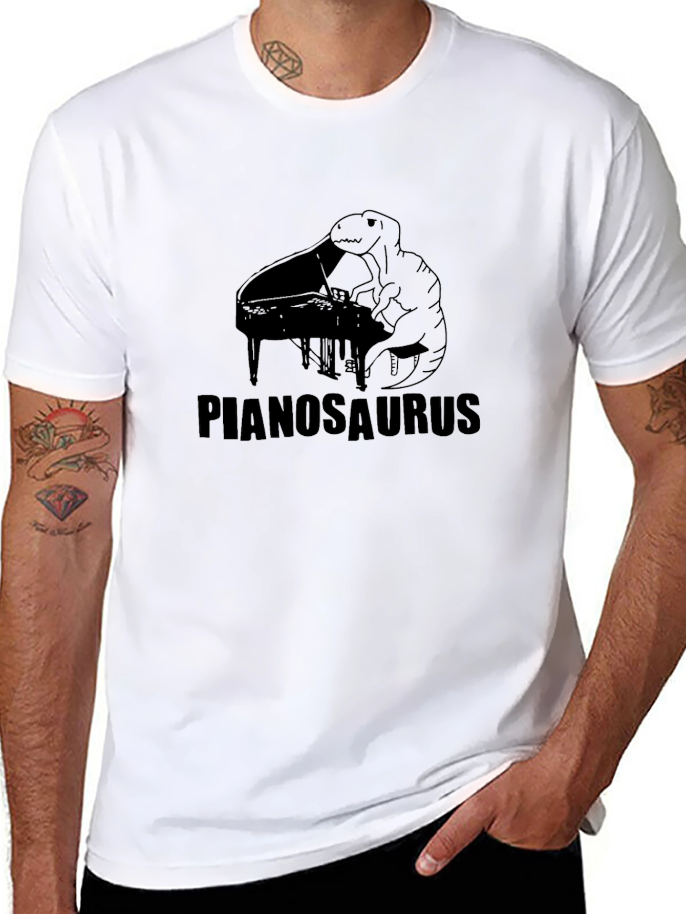 Black Pianosaurus Black T-Shirt - Dinosaur Piano Player Tee view 8