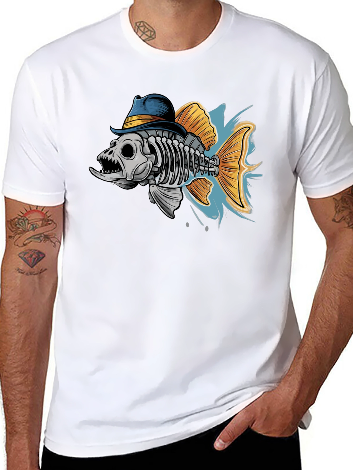 Black Fish Skeleton in Hat Graphic T-Shirt view 8