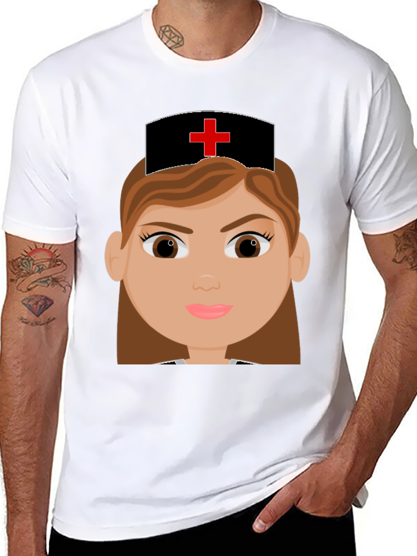 Cartoon Nurse Graphic Tee - Black Cotton Blend T-Shirt - 8