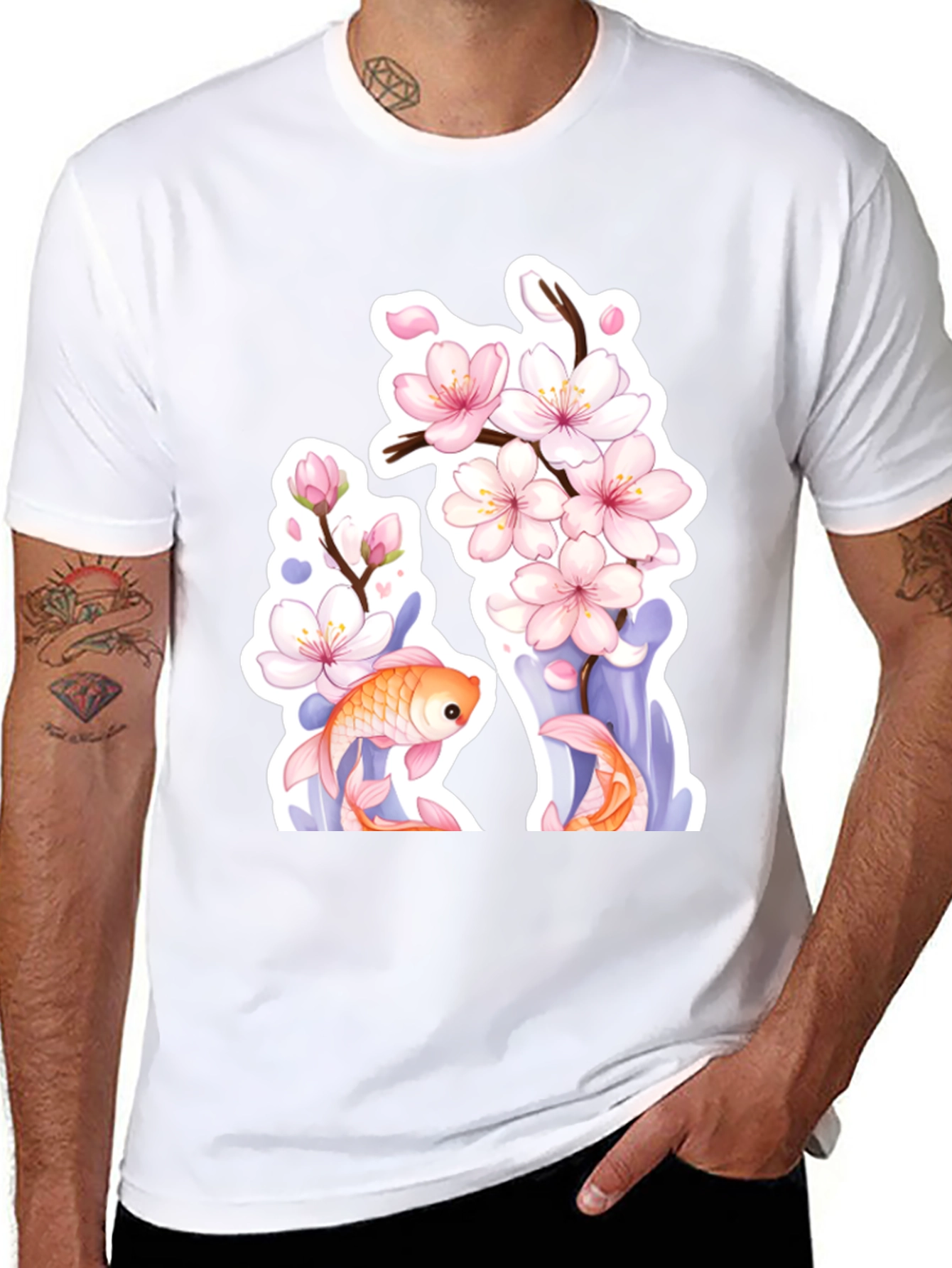 Black Cherry Blossom Koi Fish Graphic Tee view 8