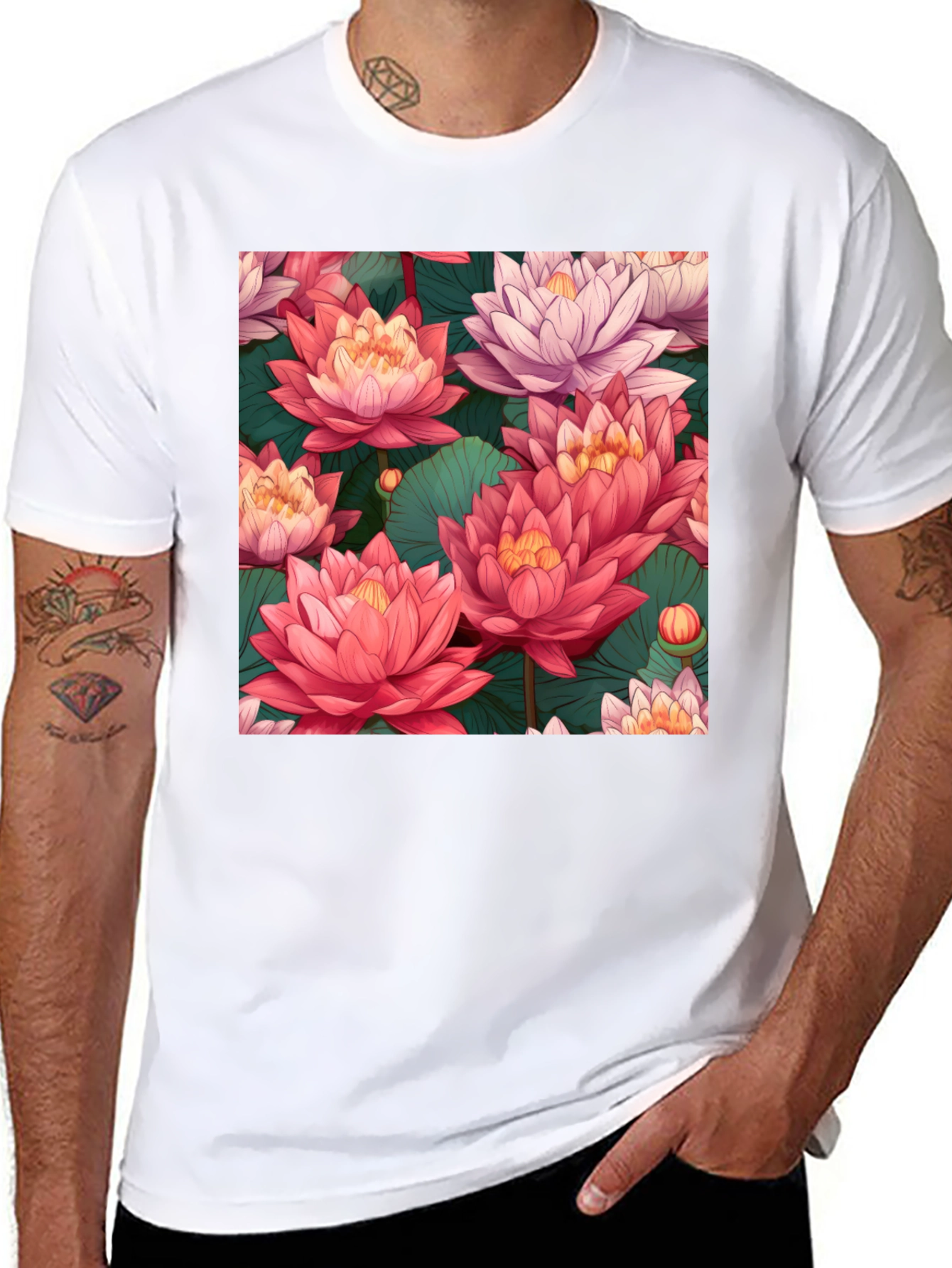 Black Lotus Floral Print Black T-Shirt view 8