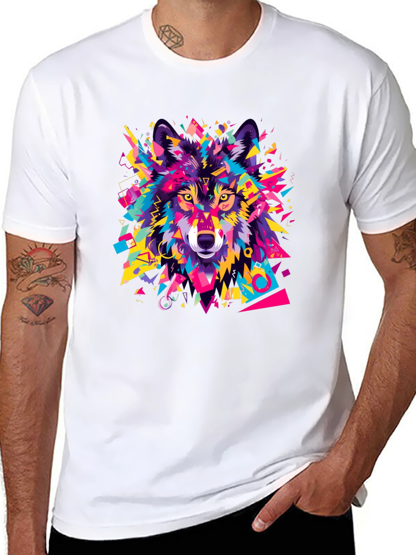 Black Geometric Wolf Graphic Black T-Shirt view 8
