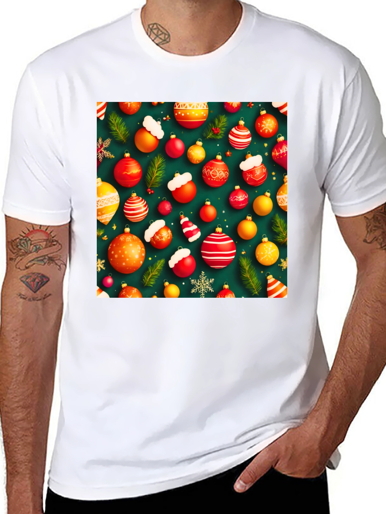 Black Festive Holiday Ornament Pattern T-Shirt view 8