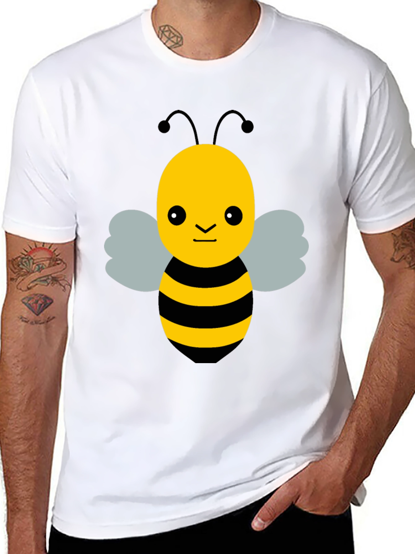 Black Cute Cartoon Bee Graphic Black T-Shirt view 8