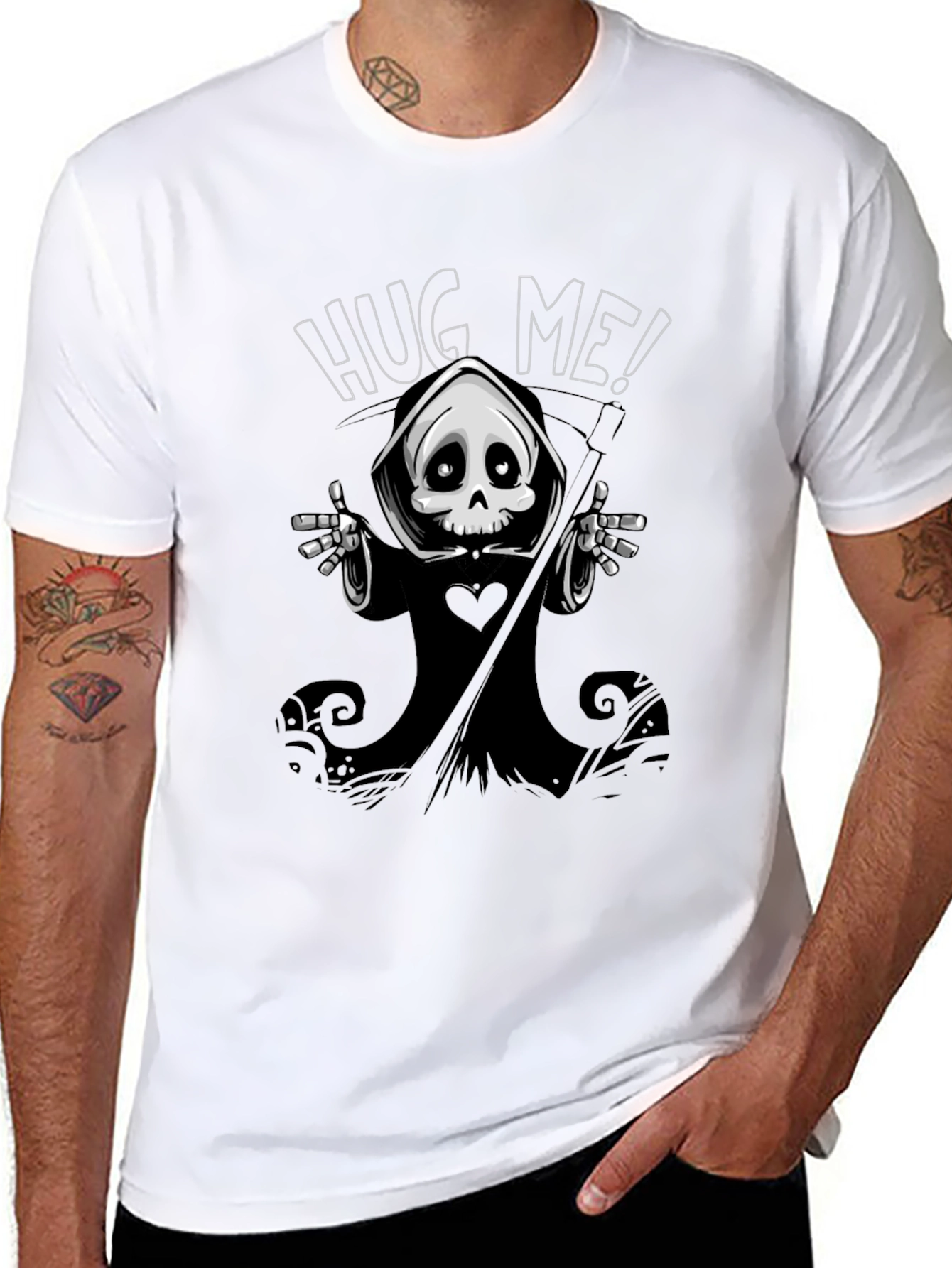 Black Hug Me! Grim Reaper Graphic Black T-Shirt view 8