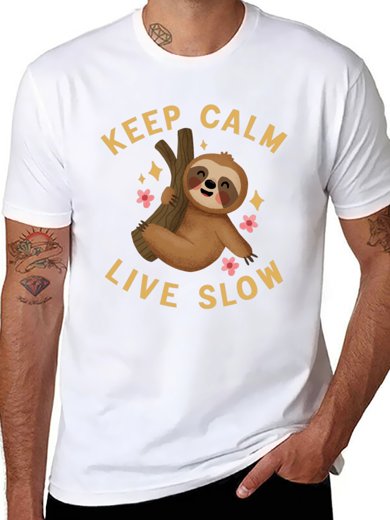Black Keep Calm Live Slow Sloth Graphic Tee view 8