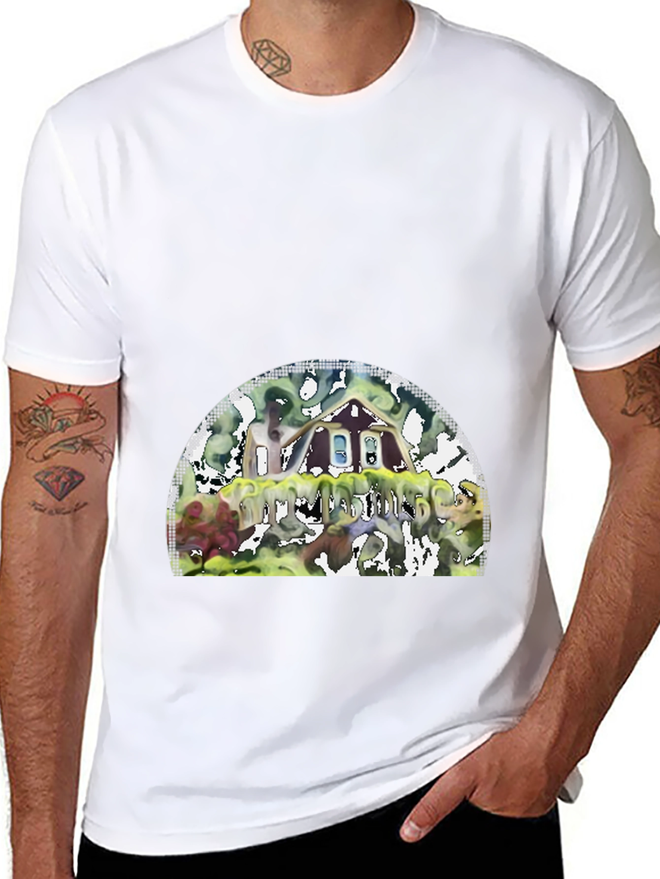 Black Unique Graphic T-Shirt - Abstract House Design view 8