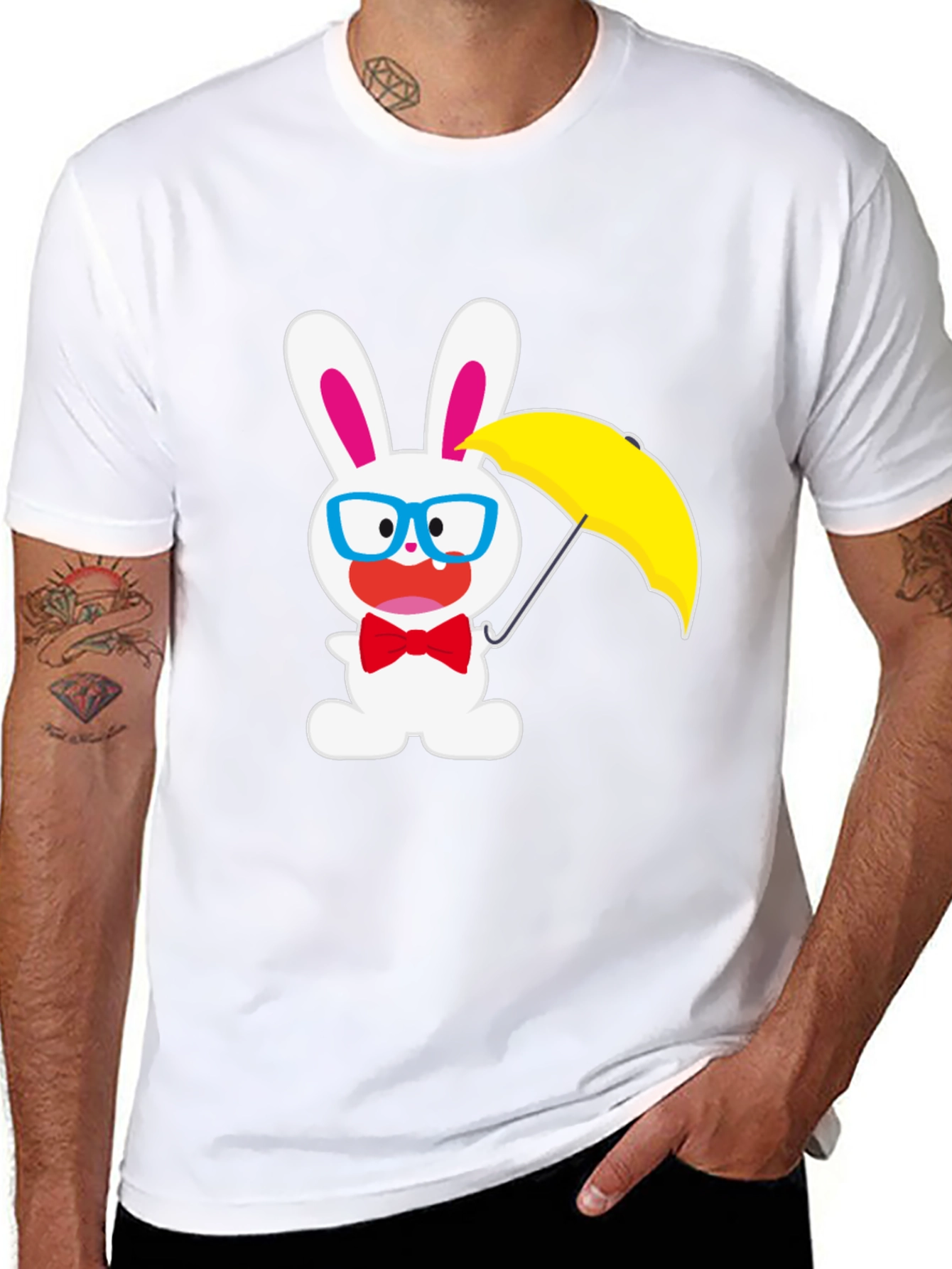 Black Funny Bunny T-Shirt: White Rabbit with Glasses & Umbrella view 8