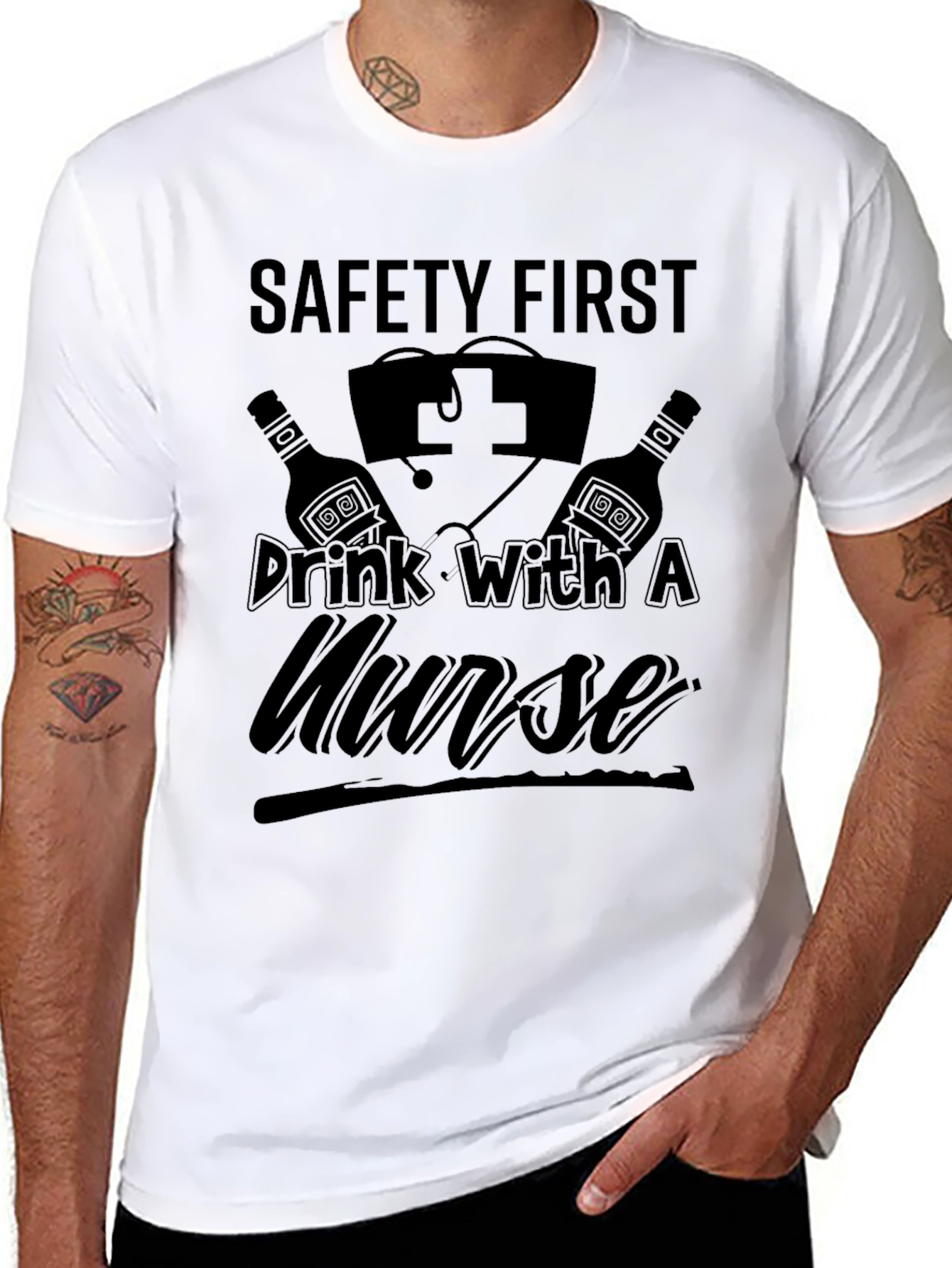 Black Safety First Drink with a Nurse Graphic Tee view 8