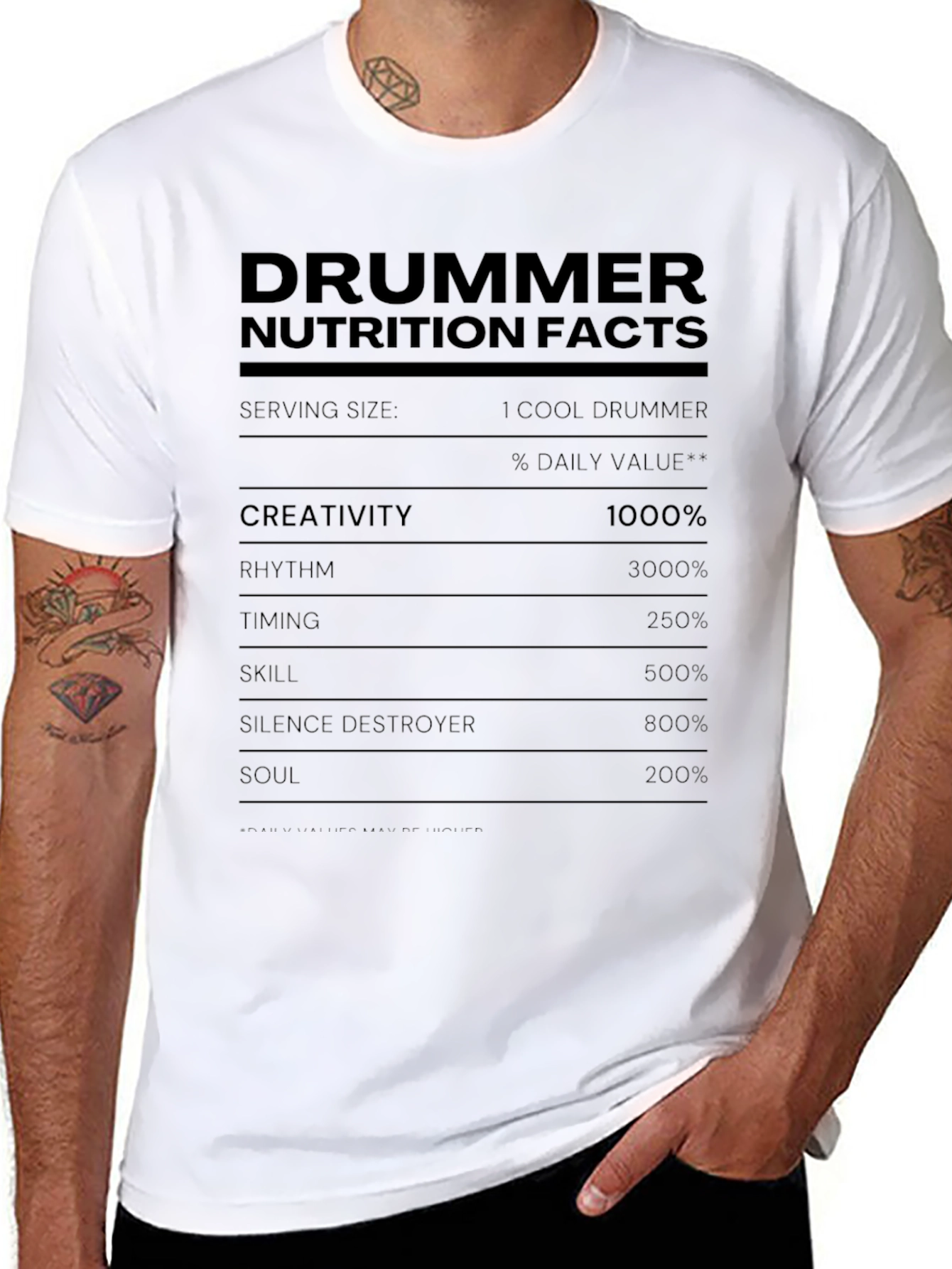 Black Drummer Nutrition Facts T-Shirt Funny Music Tee view 8