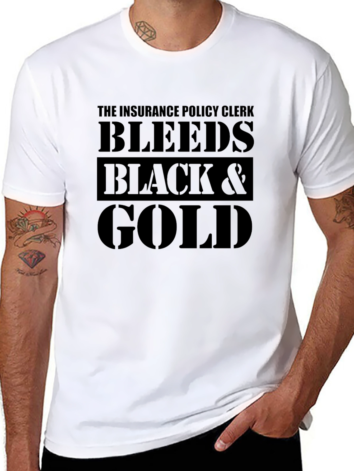 Black Insurance Policy Clerk Bleeds Black & Gold T-Shirt view 8