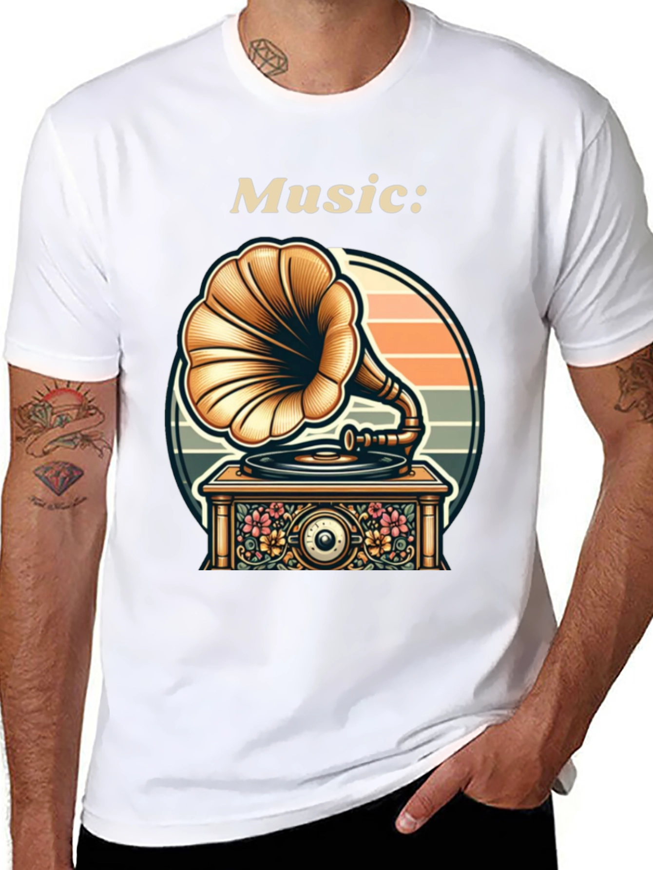 Black Vintage Music Lover T-Shirt - Gramophone Design view 8