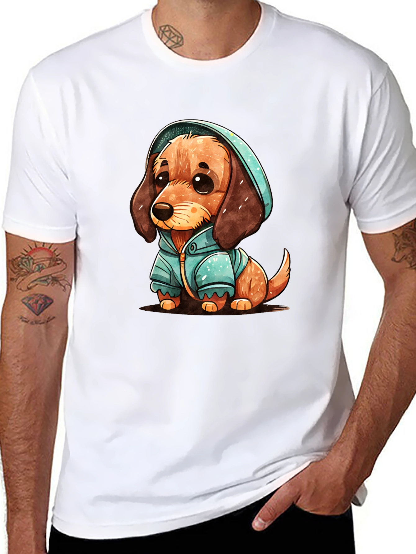 Black Cute Dachshund Puppy in Hoodie T-Shirt view 8