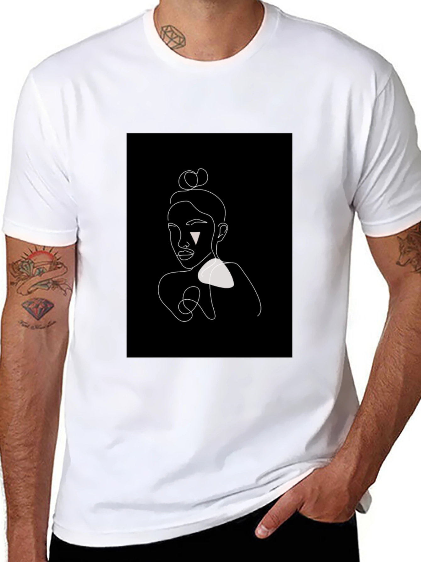 Black Minimalist Line Art Woman's Portrait Black T-Shirt view 8