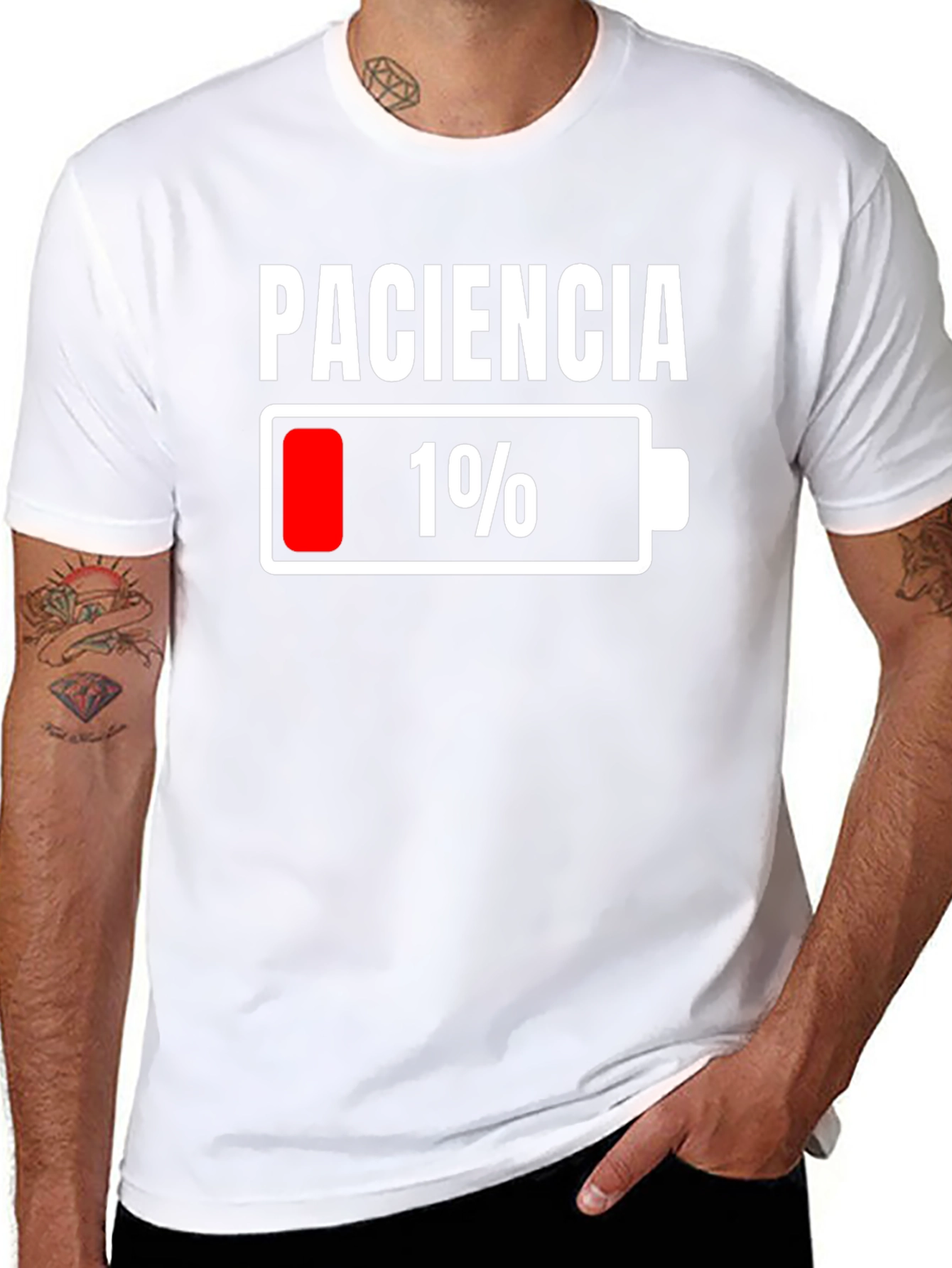 Black Paciencia 1% Low Battery Funny T-Shirt view 8