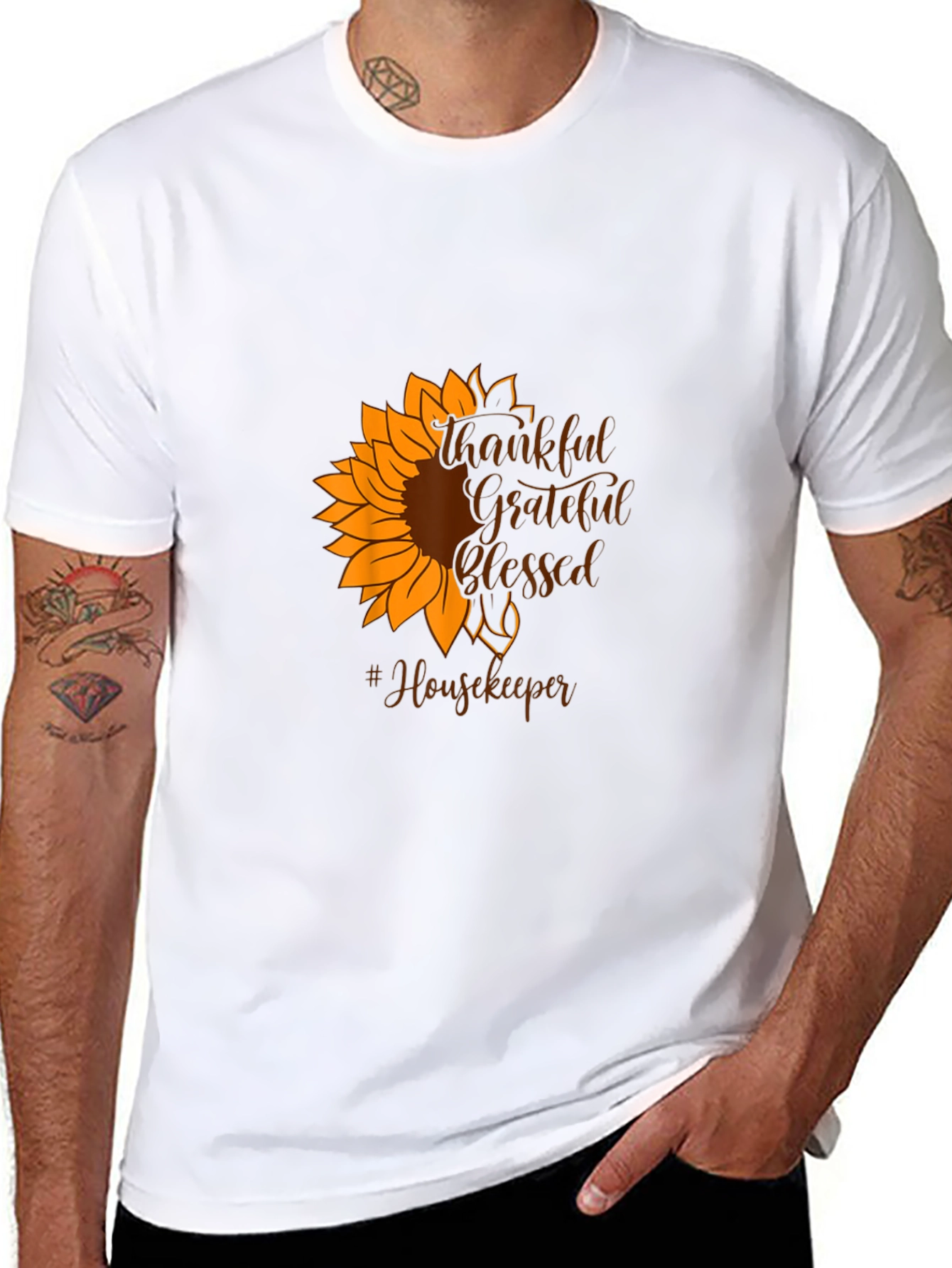 Black Thankful Grateful Blessed Housekeeper Sunflower T-Shirt view 8