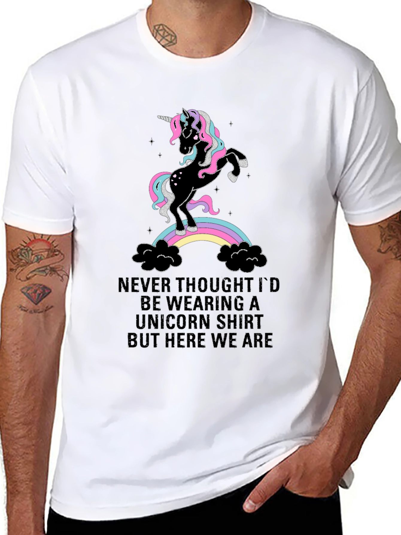 Black Unicorn Rainbow Graphic Tee - Fun Novelty T-Shirt view 8